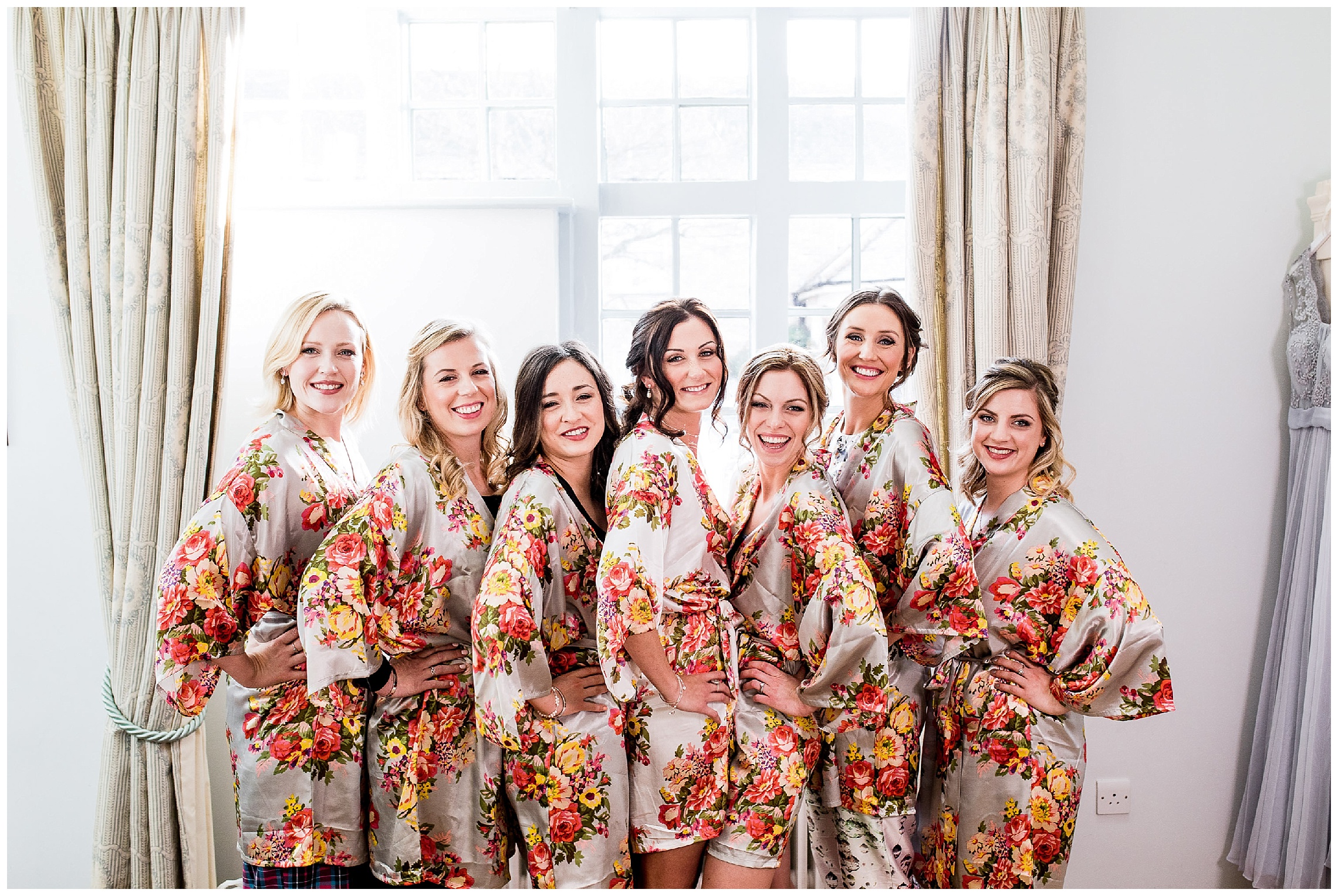 bridesmaids in matching dressing gowns at woburn sculpture gallery wedding