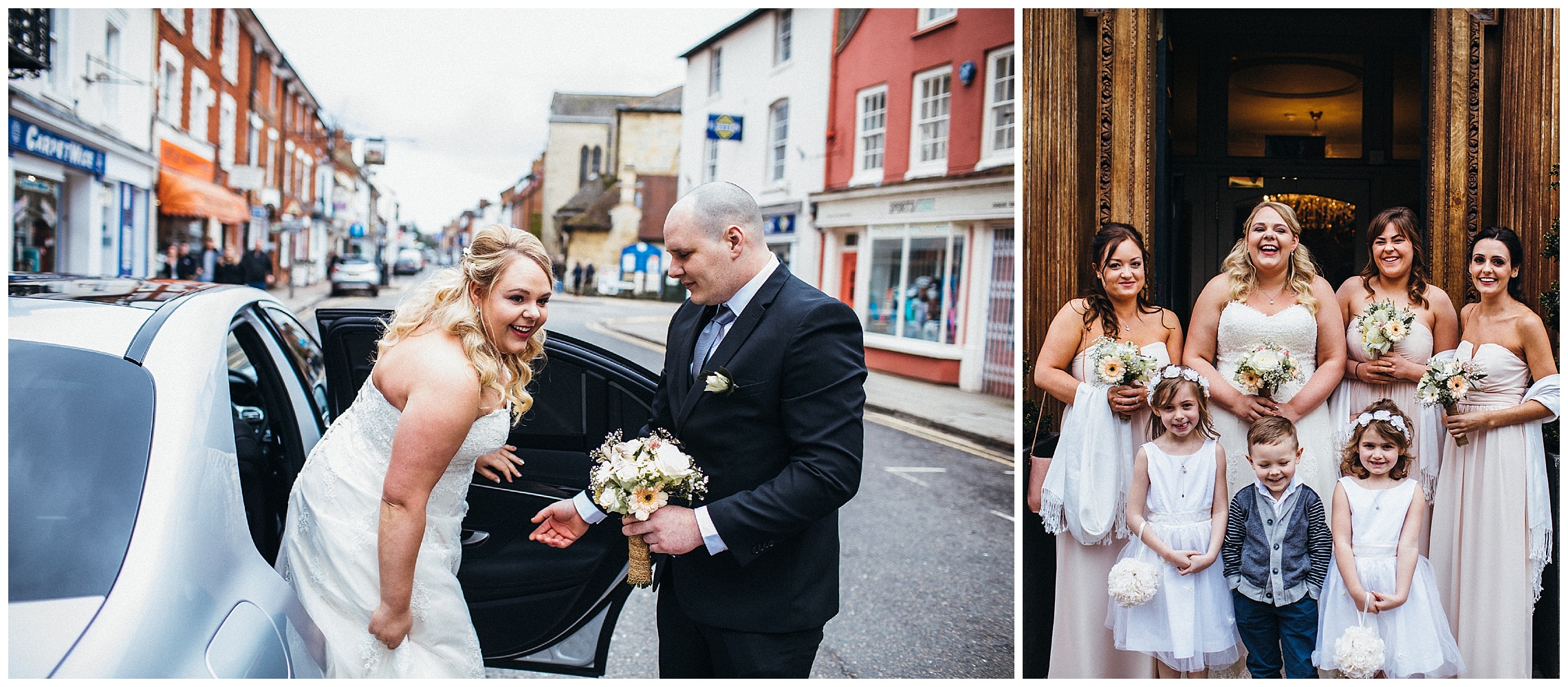 bride arrives for wedding at the cock hotel with dad