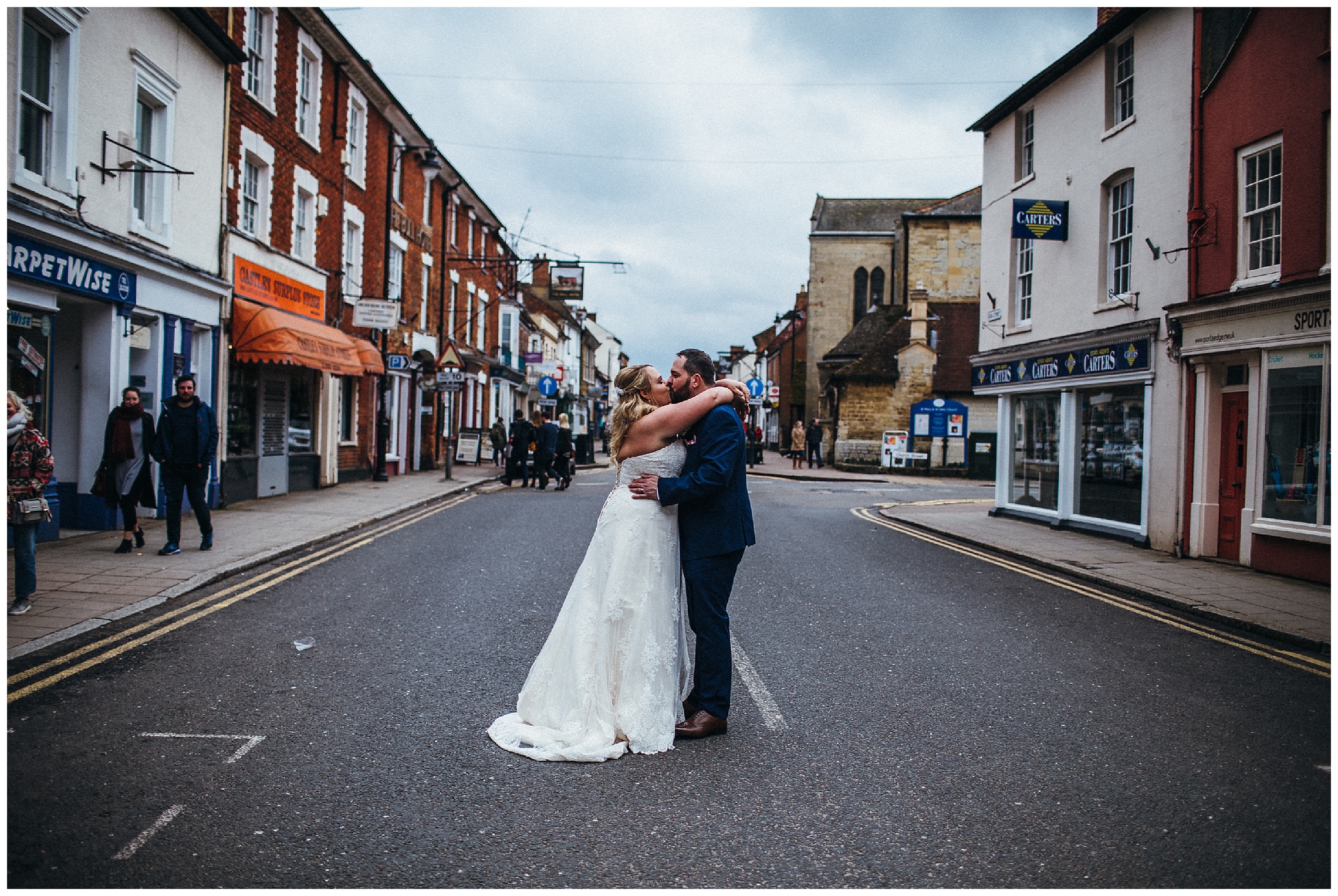 the cock hotel wedding, bride and groom in the road