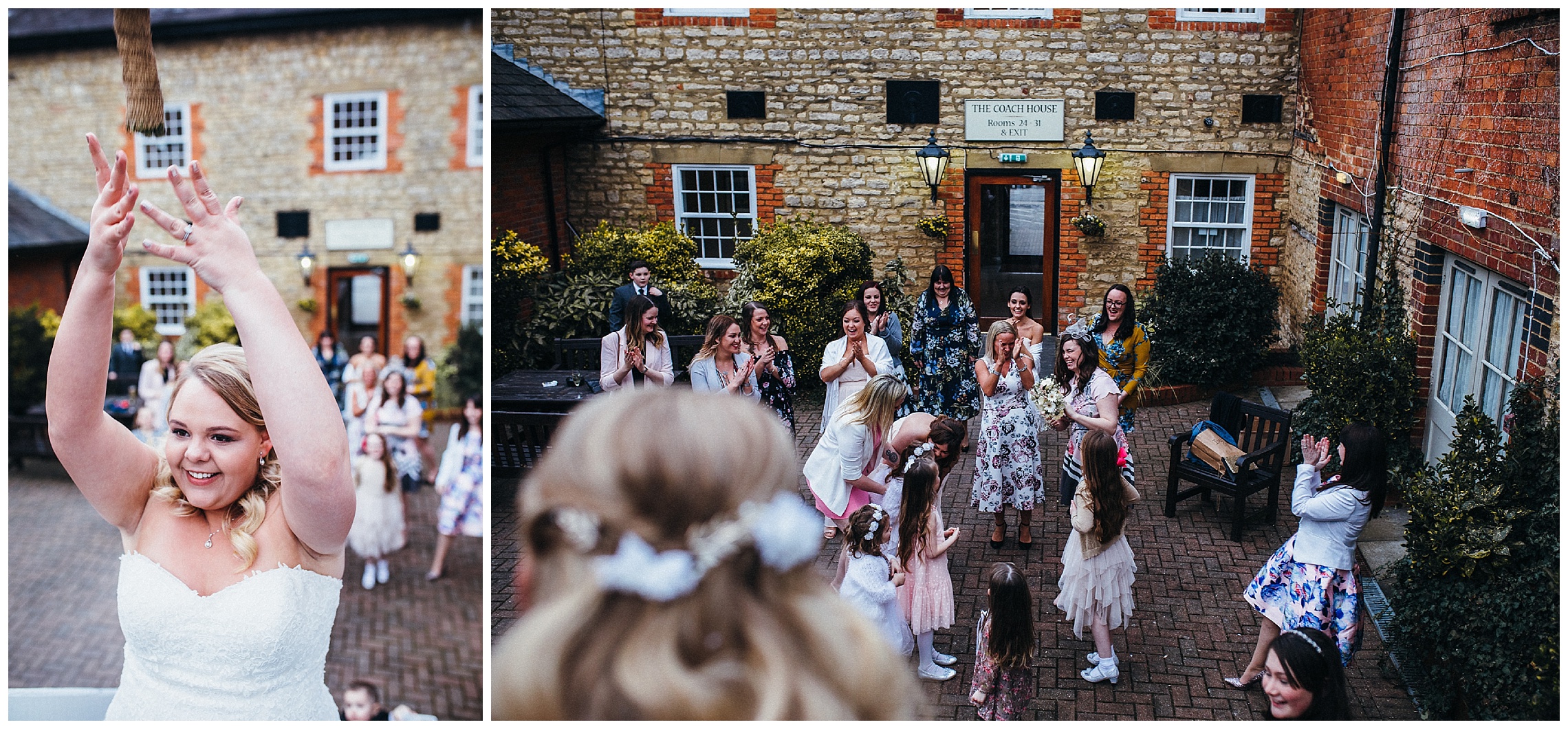 bride throws her bouquet at the cock hotel in stony stratford