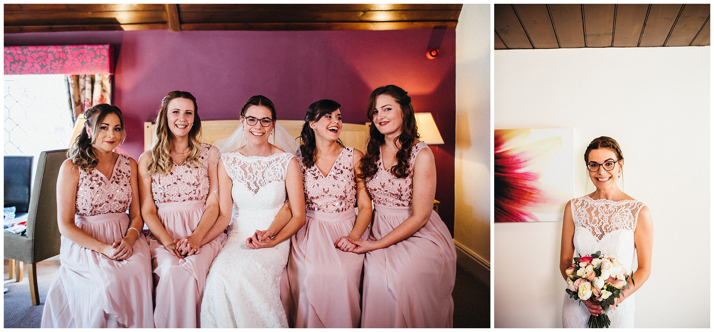 bride with her bridesmaids sat on the bed in her hotel room