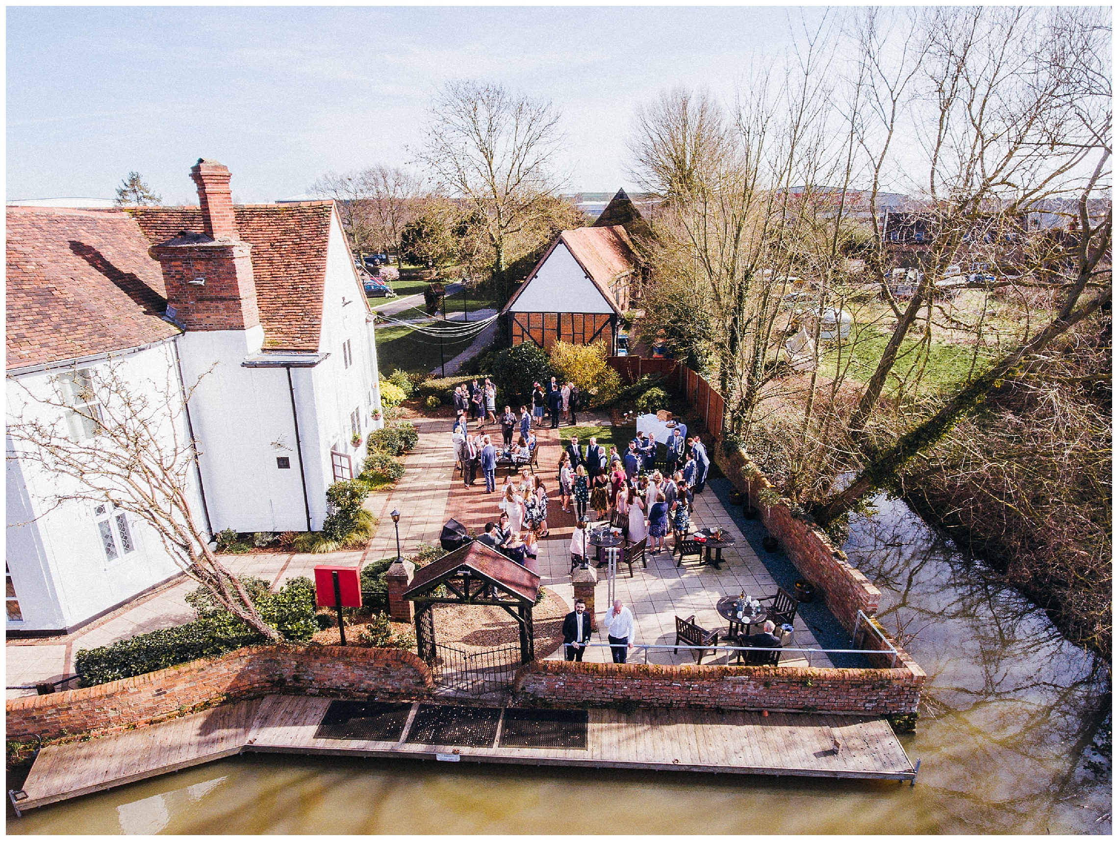 drone shot of the reception area of the barns hotel in bedford overlooking the river