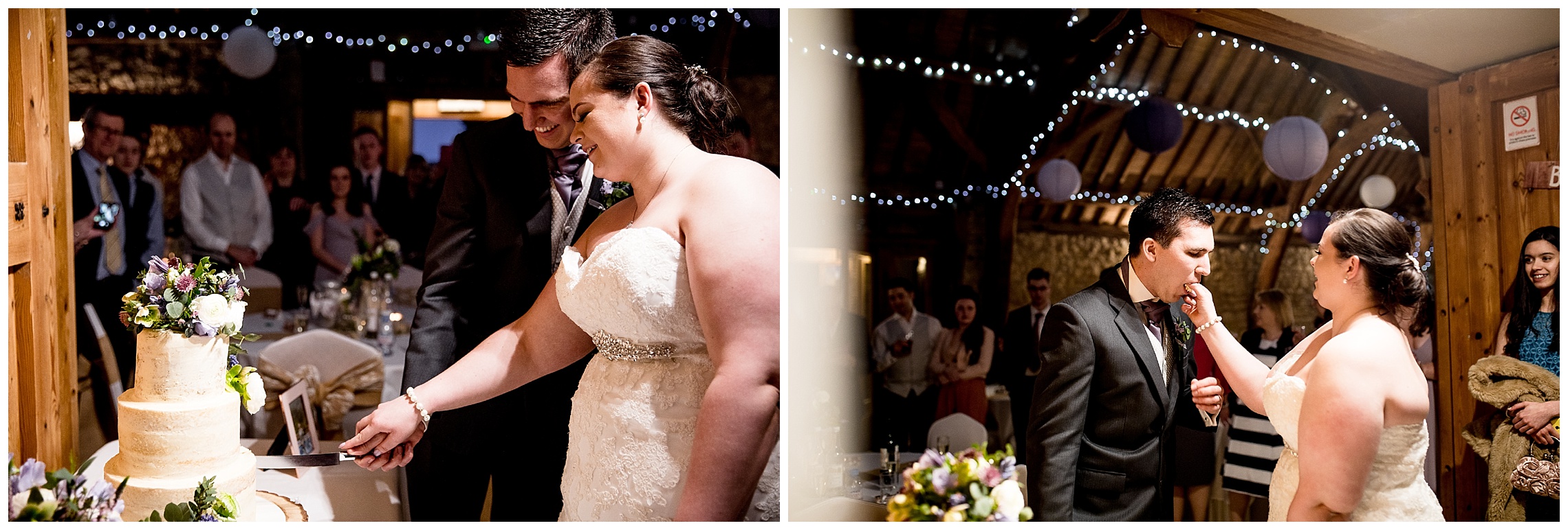 cutting the wedding cake with bride and groom at notley tythe barn wedding