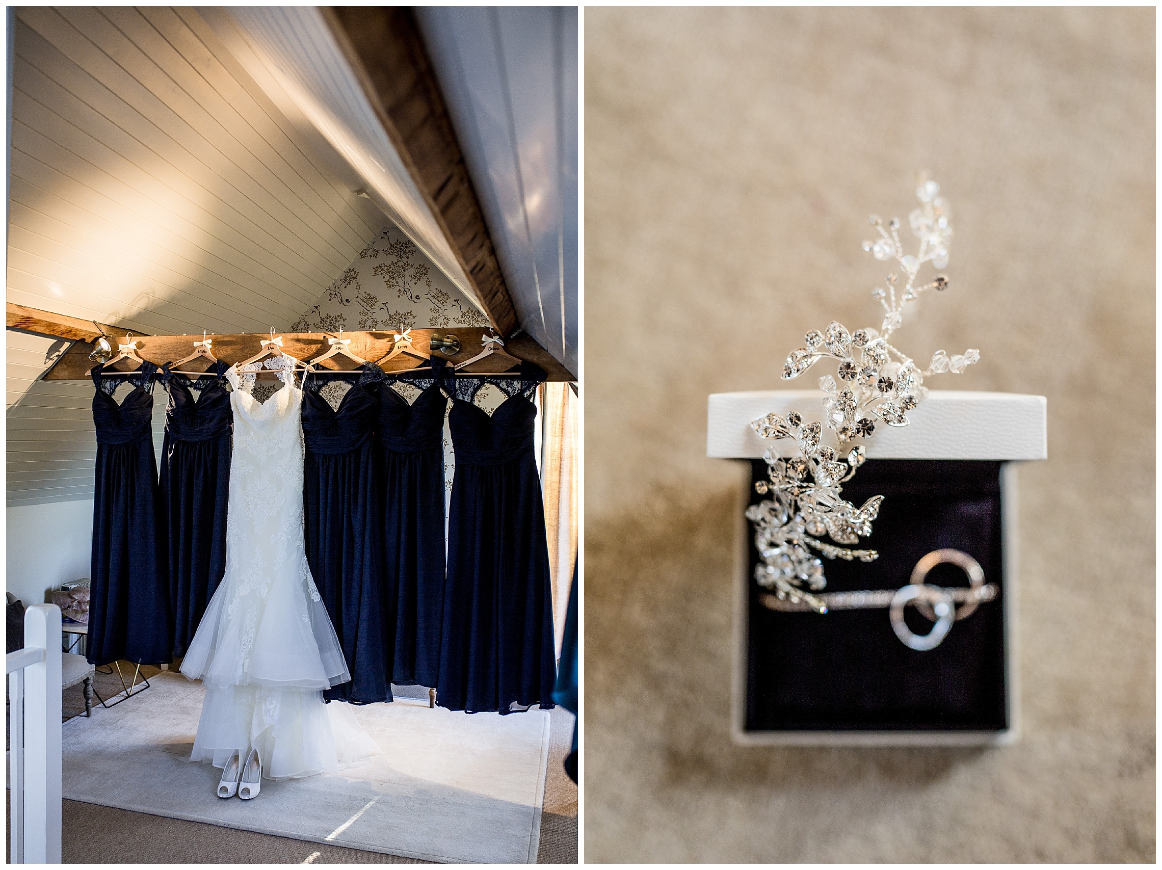 wedding dresses and bridesmaid dresses hanging from wooden beam in the bridal suite at south farm