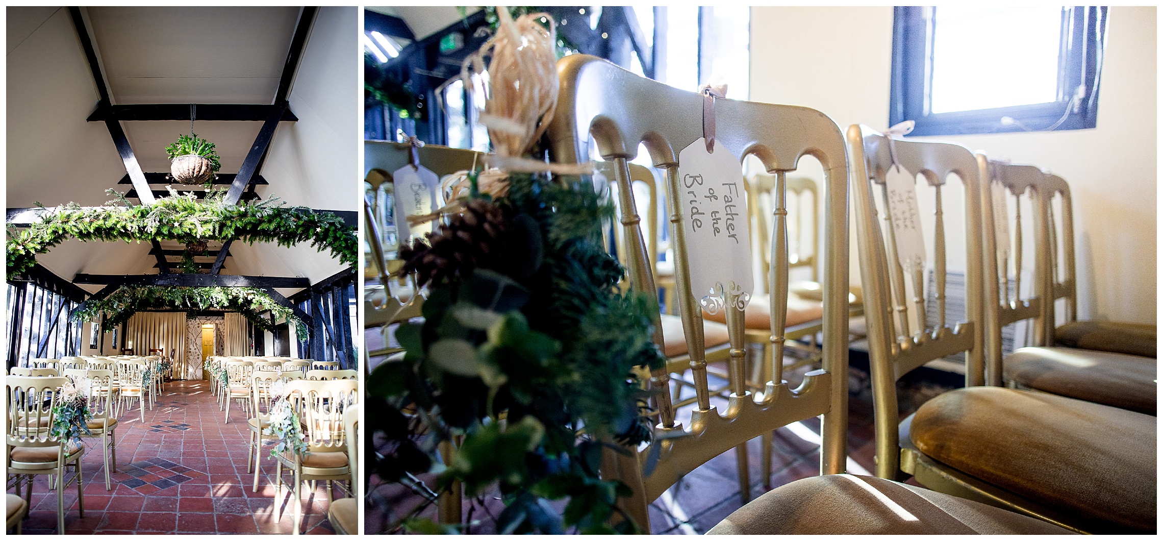the wedding ceremony, aisle with reserved tags and foiliage