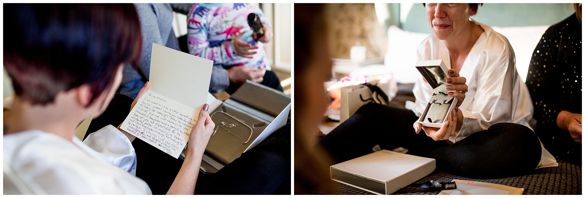 bride opens gifts from the groom whilst sat on the bed