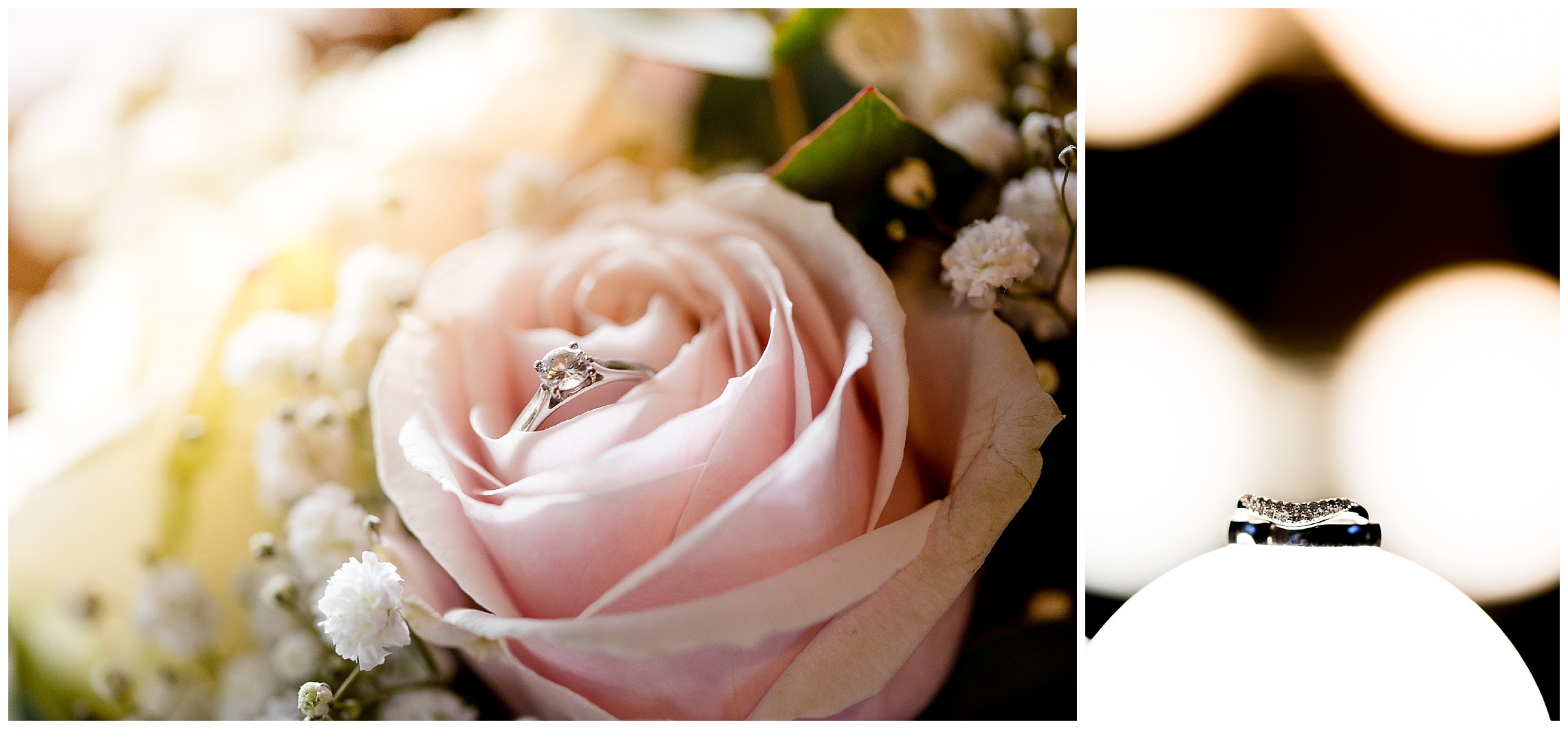 wedding rings and engagement ring in flowers