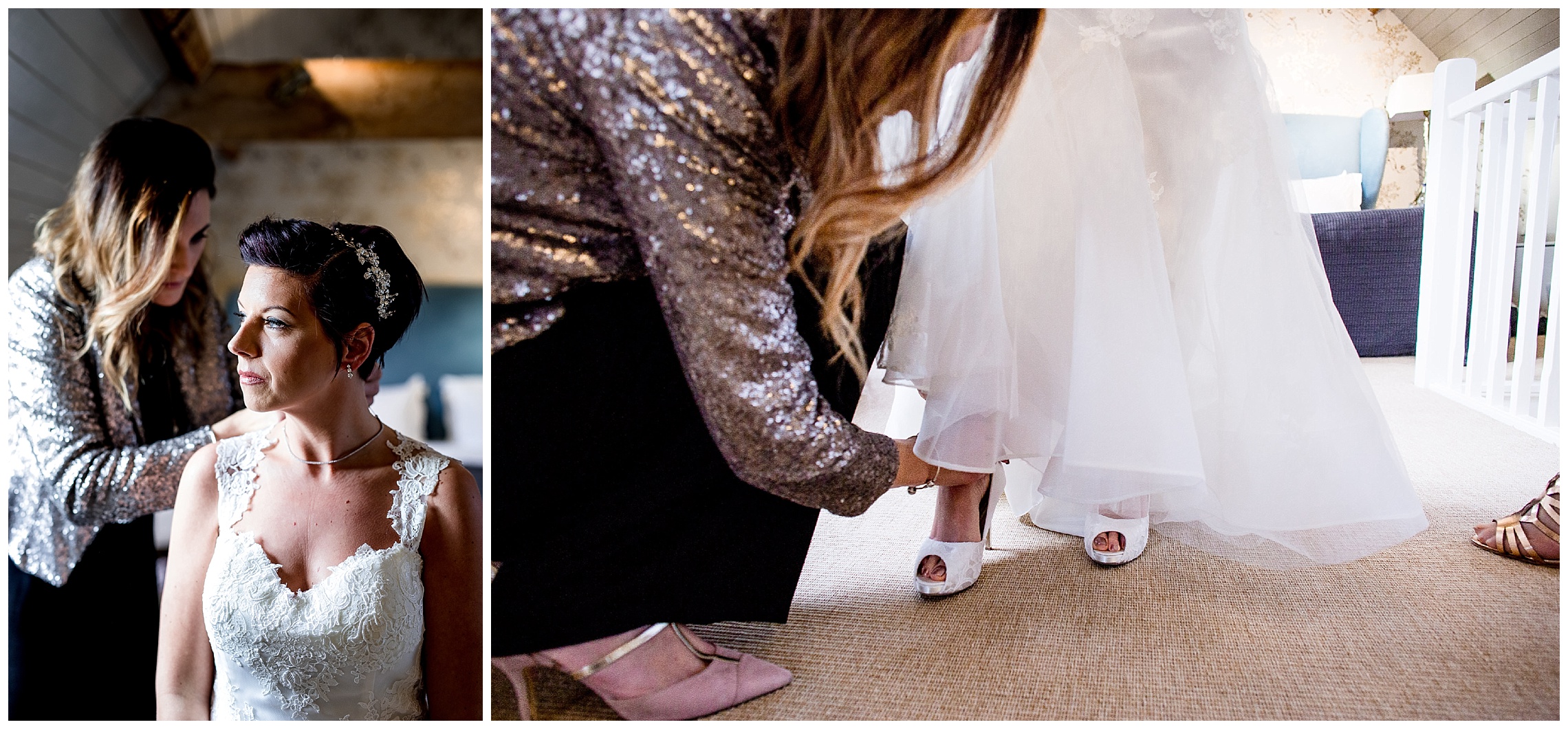 bride puts her shoes on with the help of her friend