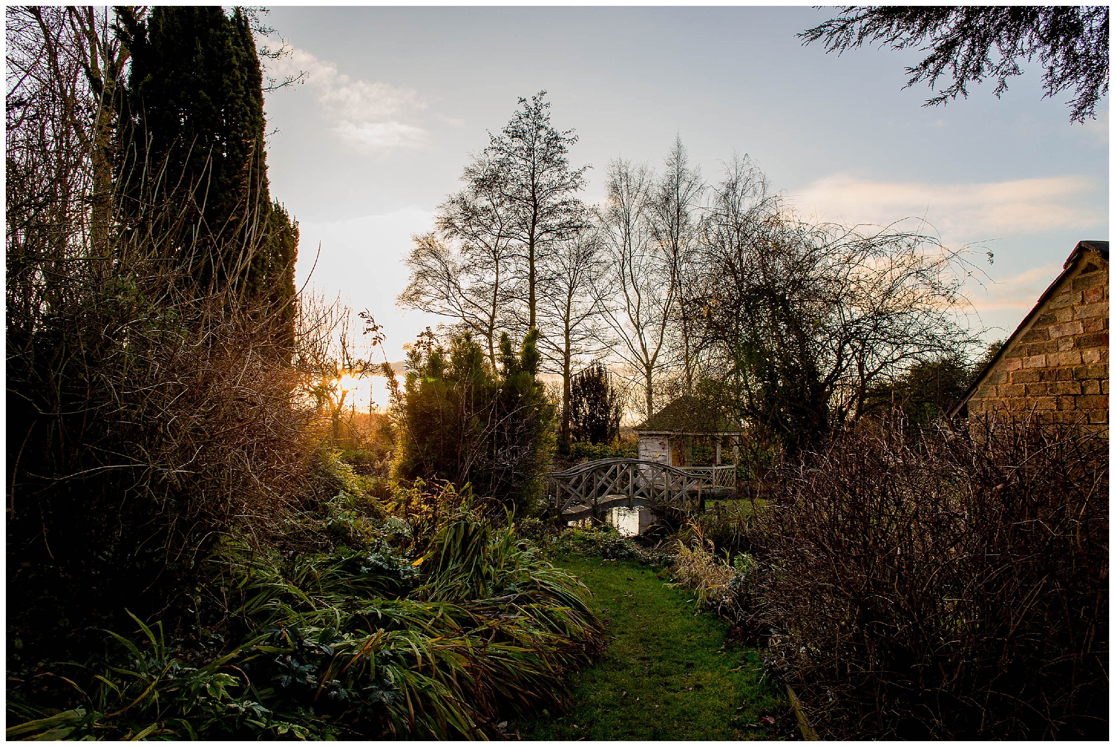 the gardens at golden hour in south farm wedding venue