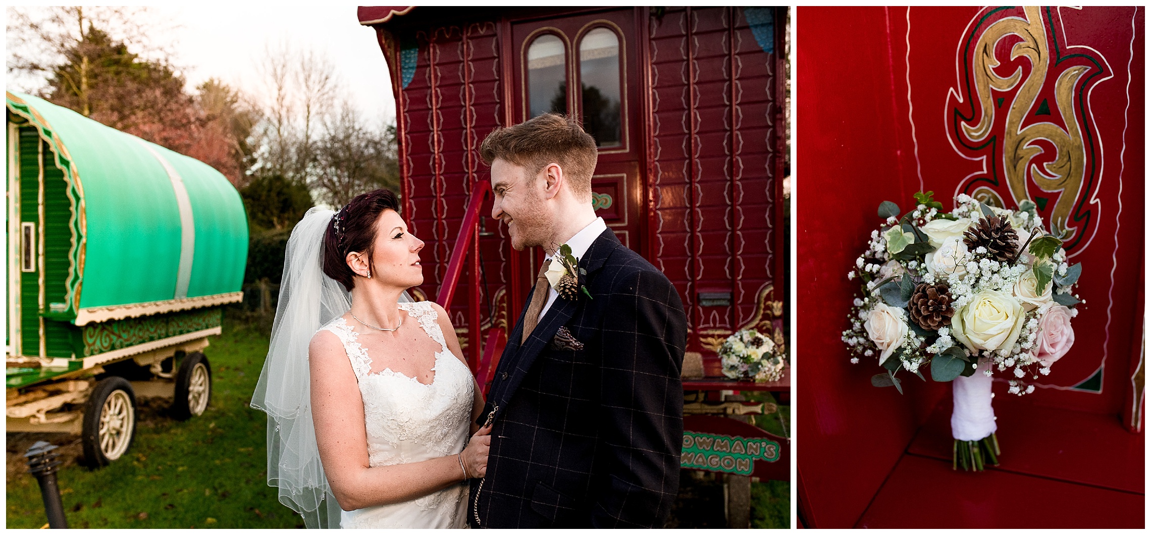 bride and groom look at each other in front of the romany caravans at south farm wedding venue