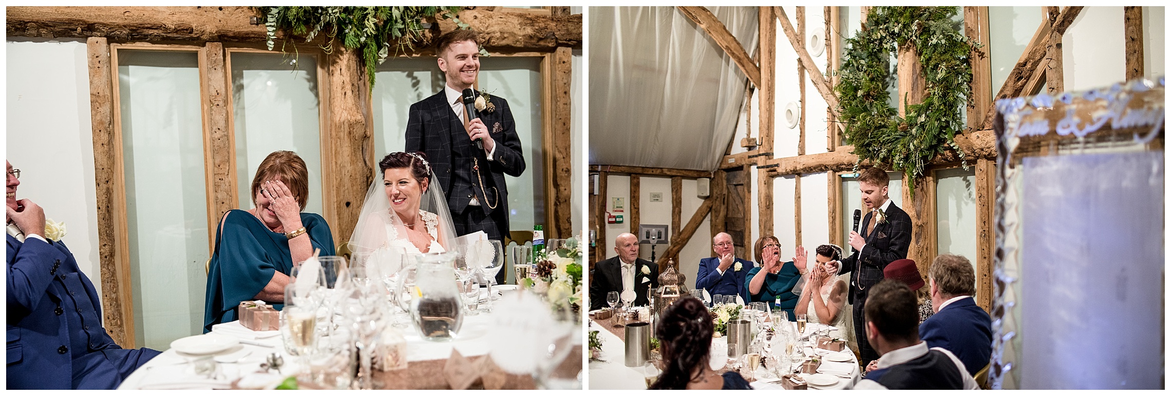 groom performs his speech at south farm wedding venue