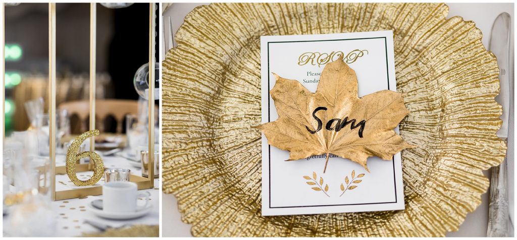 gold leaf place name on gold table wedding setting 