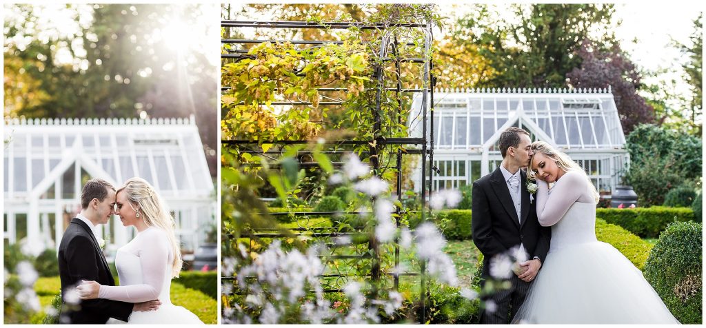 bride and groom stand together as the sun sets at plum park