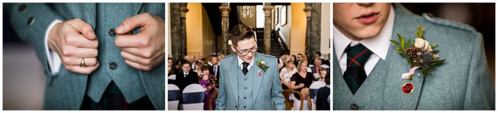 groom smiles before entrance of bride