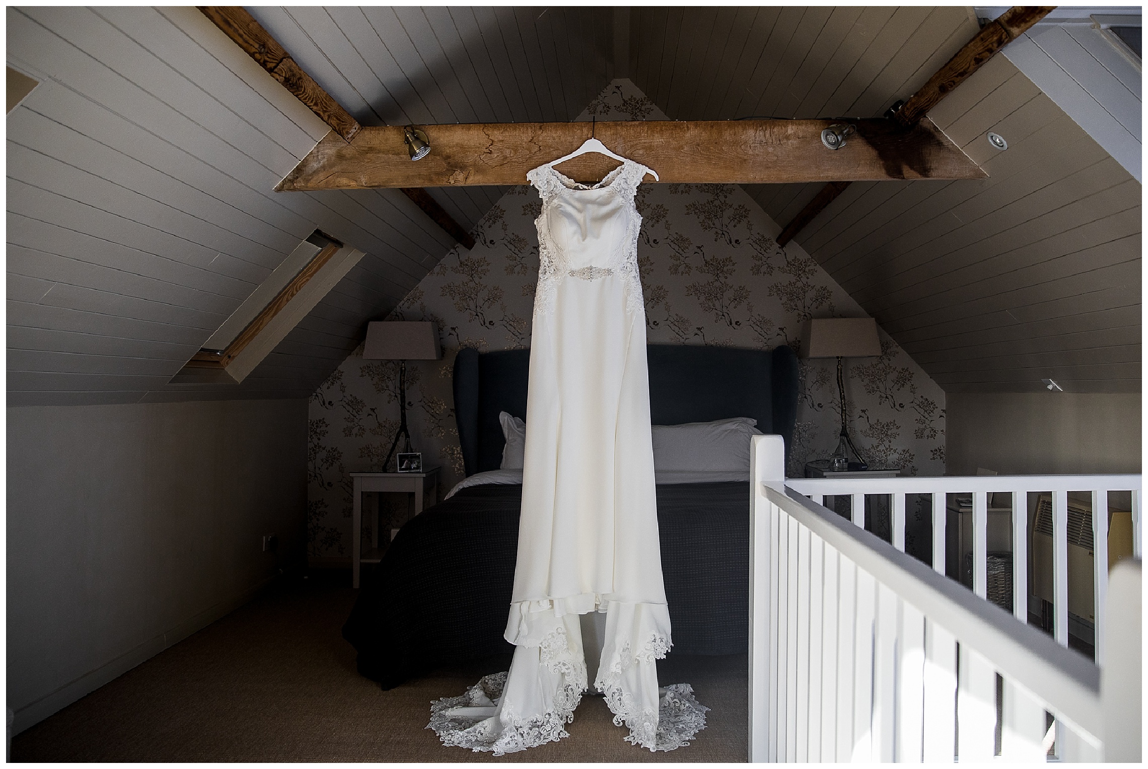 essence of australia wedding dress hanging in bridal suite