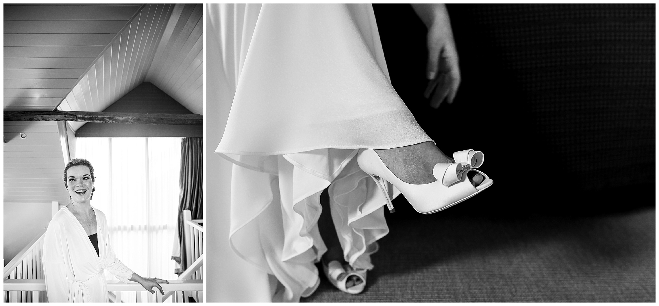 bride in dress putting on white ted baker shoes with bow