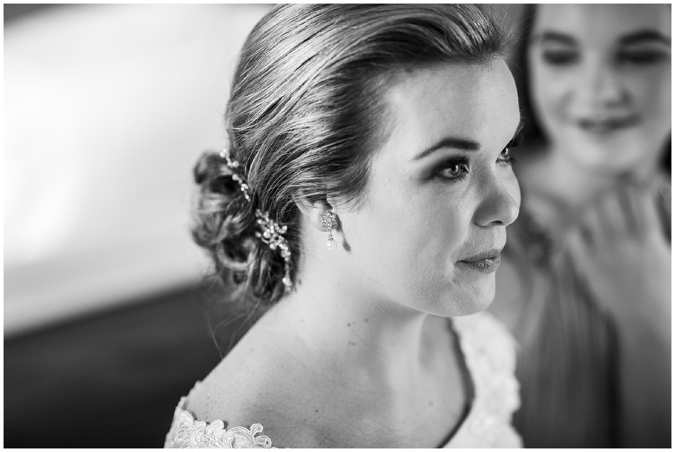 Close up of bridal earrings in black and white