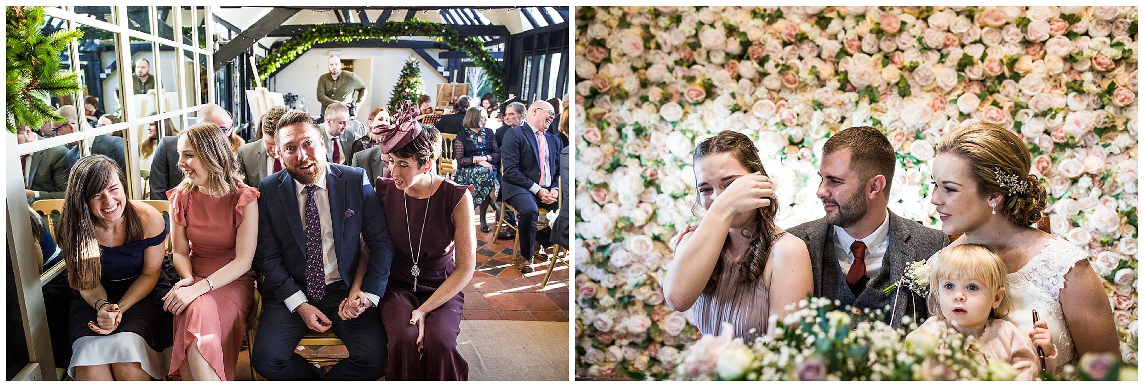 brides daughter cries with happiness posing for family photo