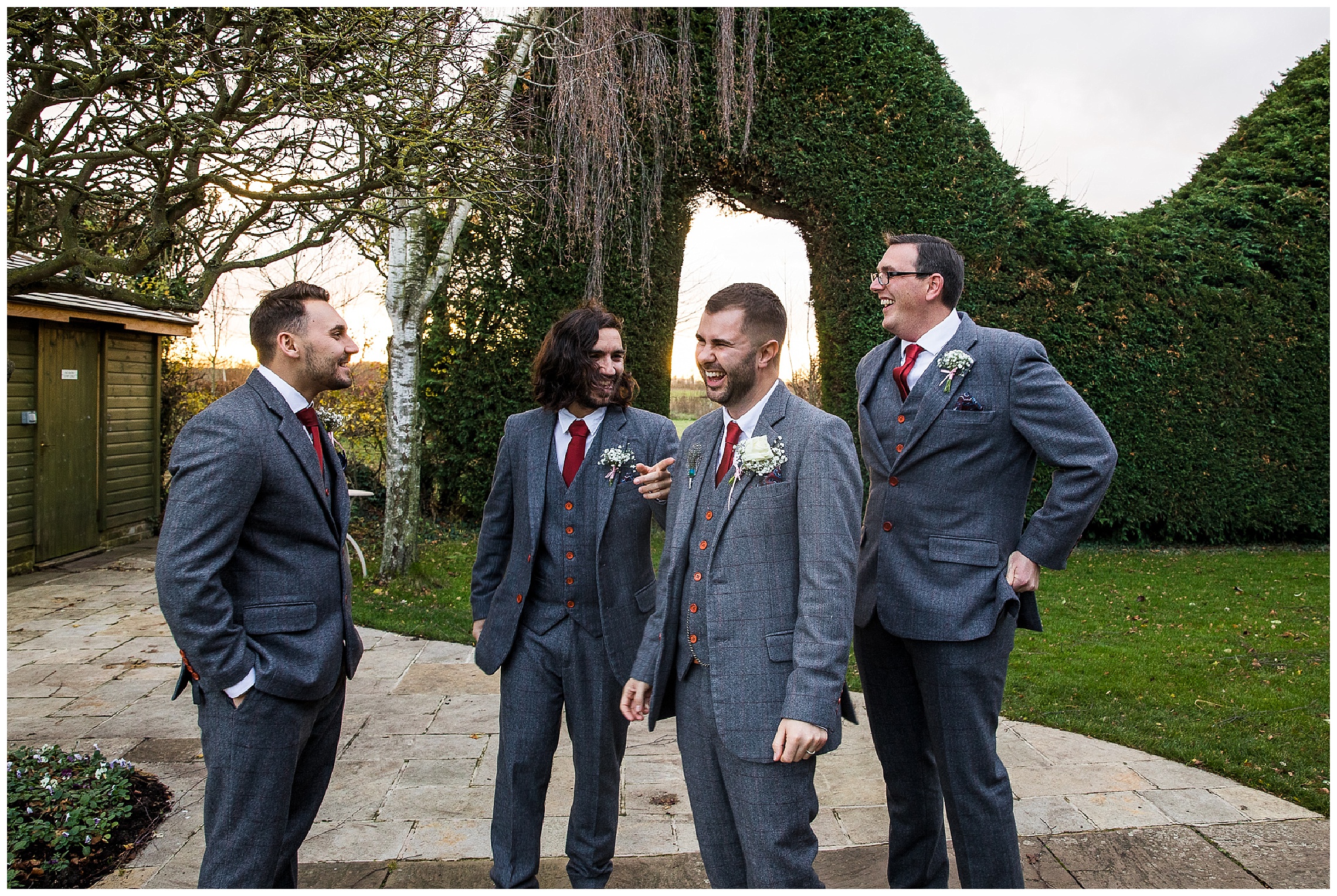 groomsmen laughing together at south farm