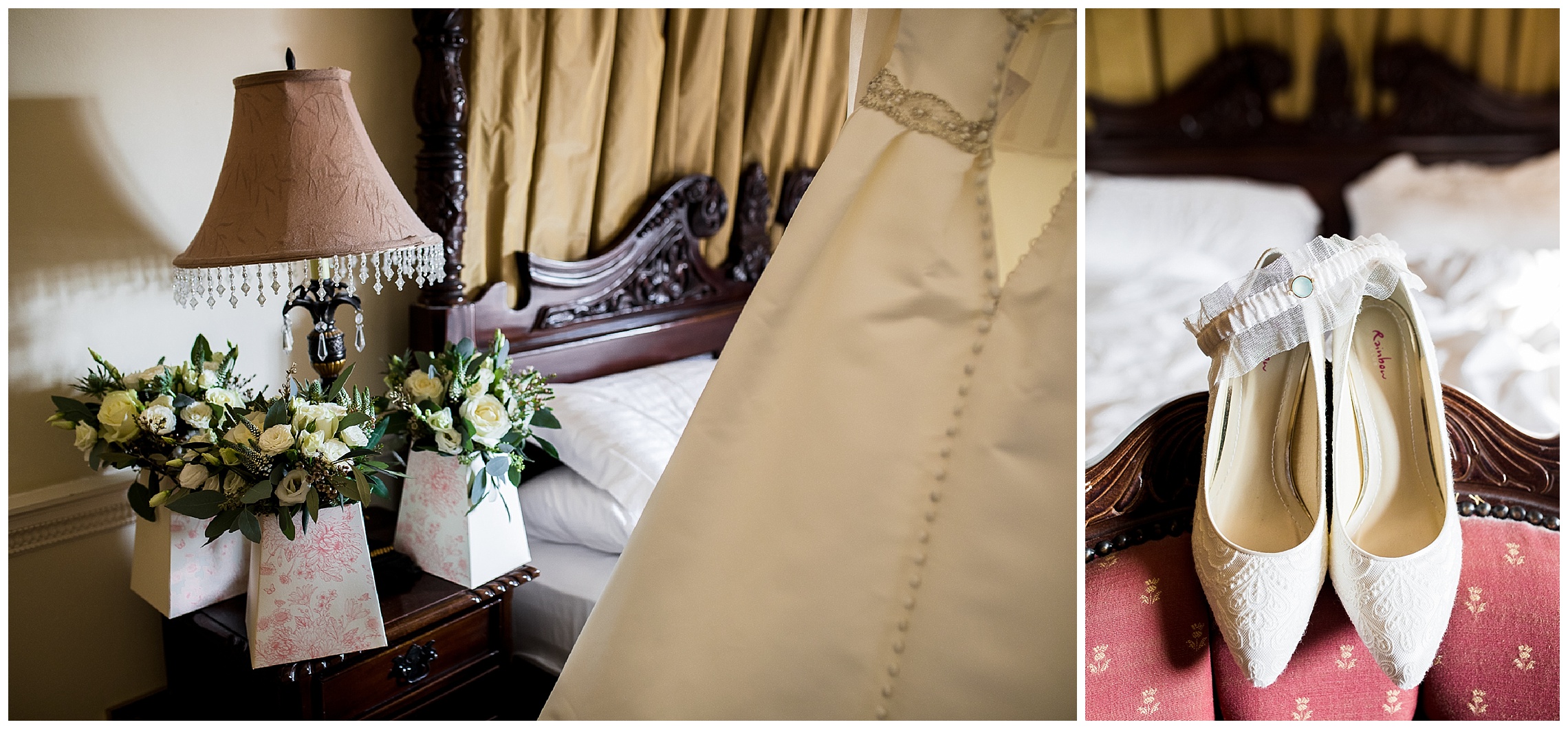 wedding flowers and ivory wedding shoes in bridal suite