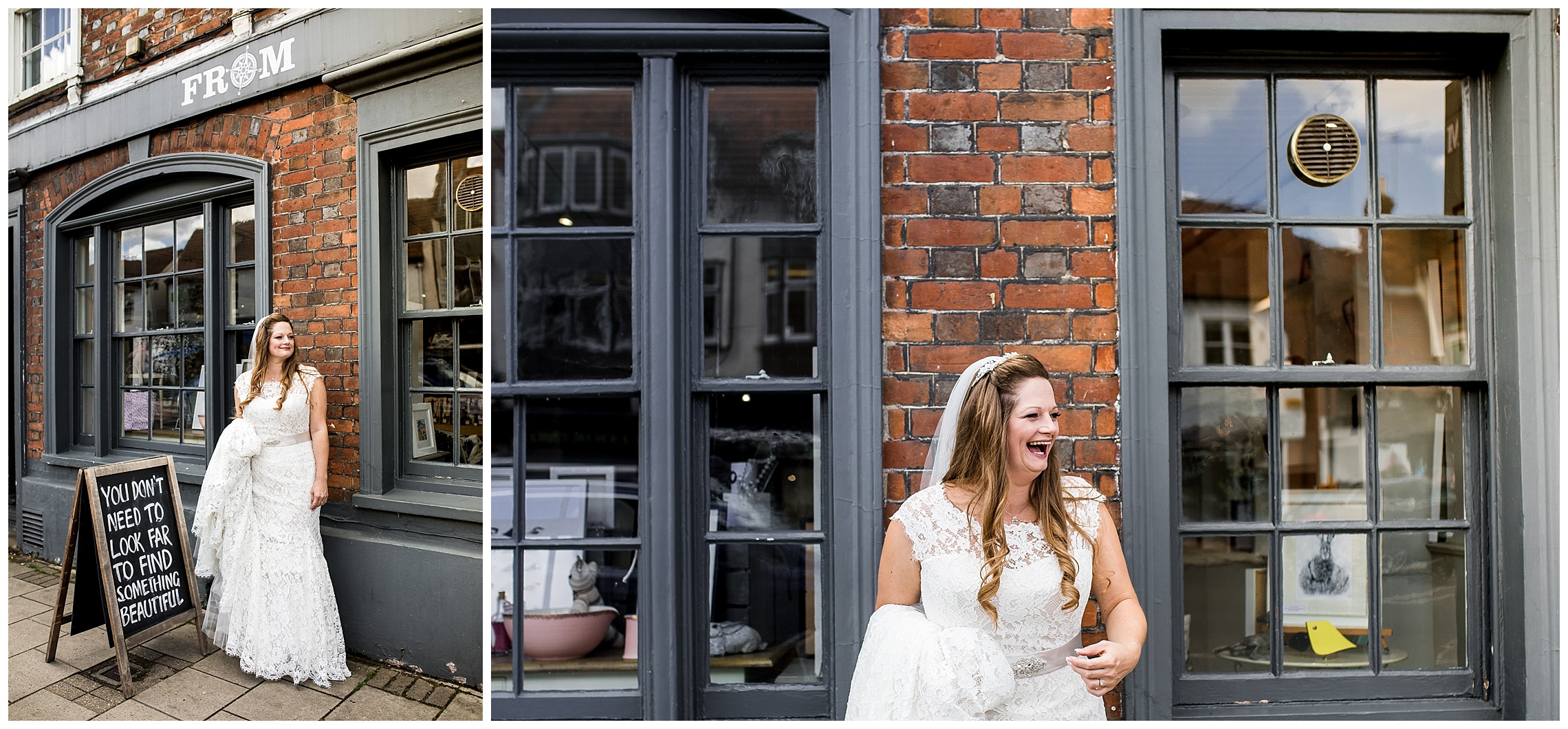 bride standing outside hotel next to sign that says 'you don't have to look far to find something beautiful'