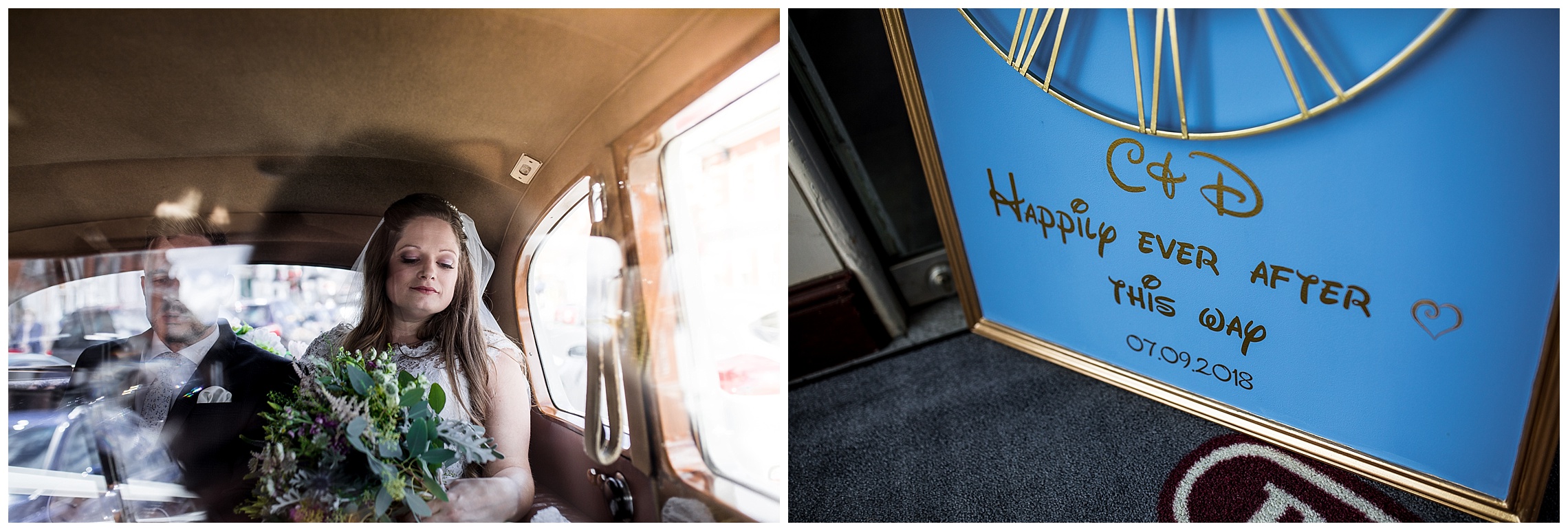 bride reflects quietly whilst sat next to her brother in a wedding car