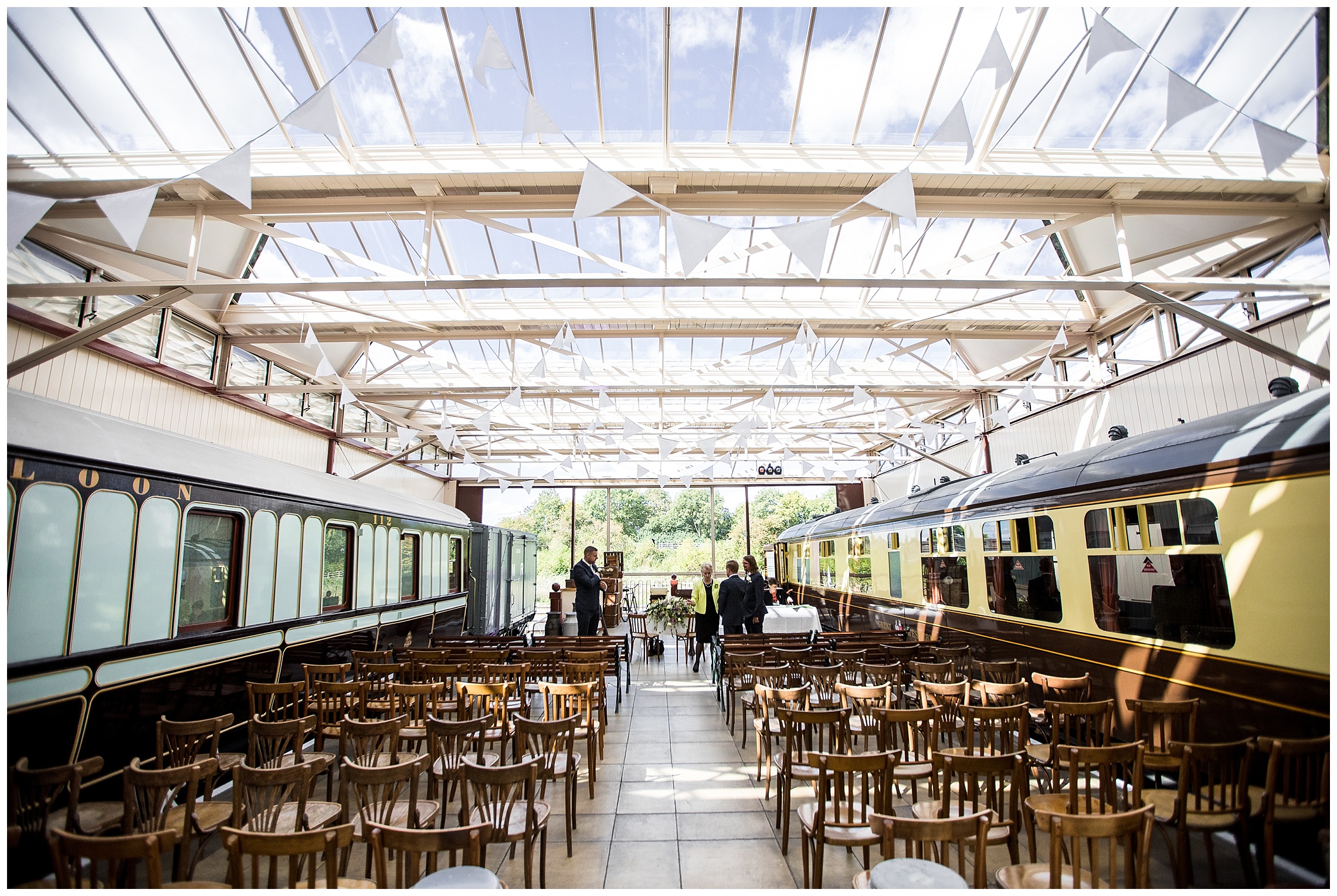 Buckinghamshire railway centre with white bunting ready for wedding ceremony