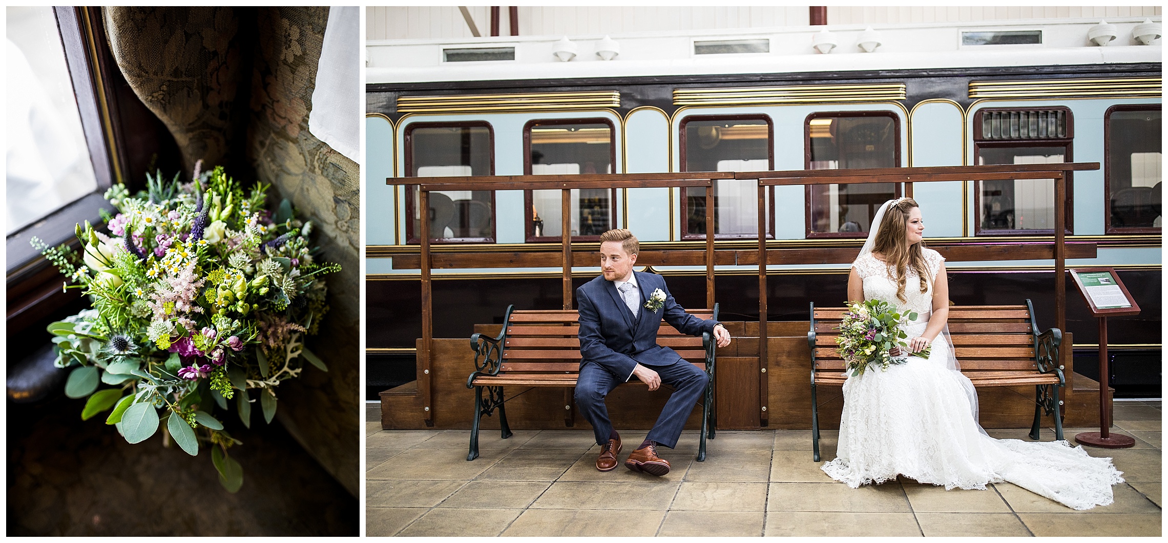 bride and groom sit together in front of vintage train at bucks railway centre