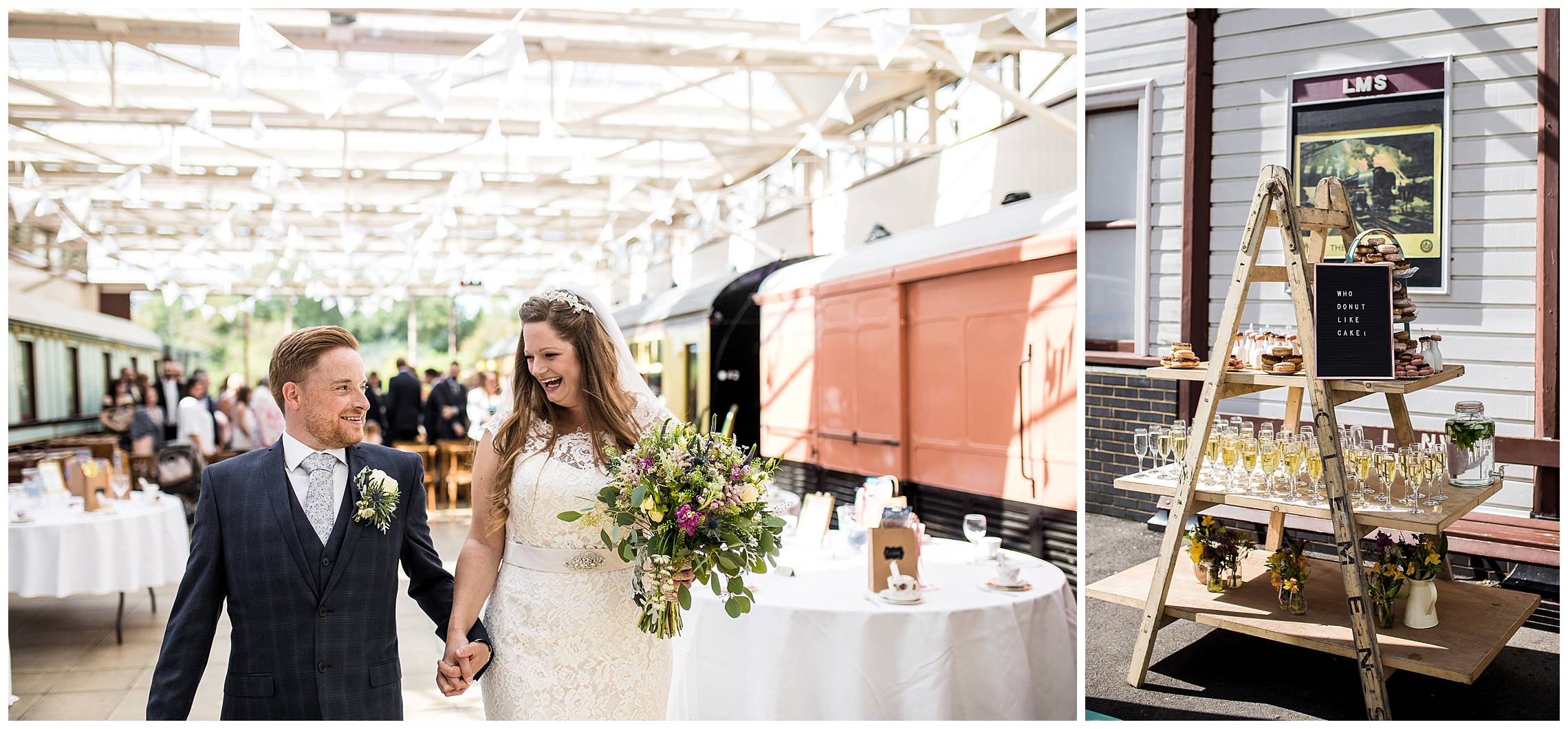 bride and groom walk hand in hand looking at eachother and smiling at bucks railway centre