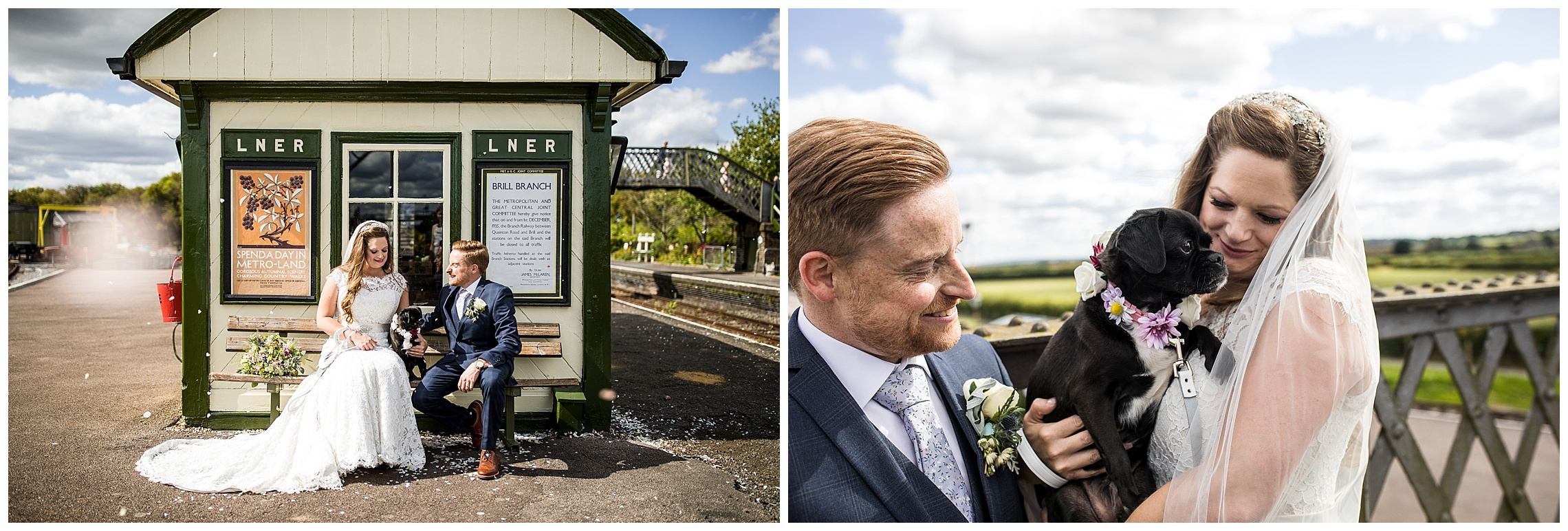 bride and groom cuddle black pug dog at their wedding at bucks railway centre