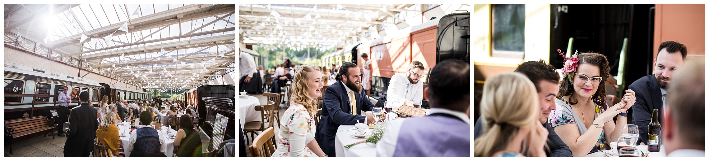 wedding guests sat at tables in bucks railway centre wedding venue