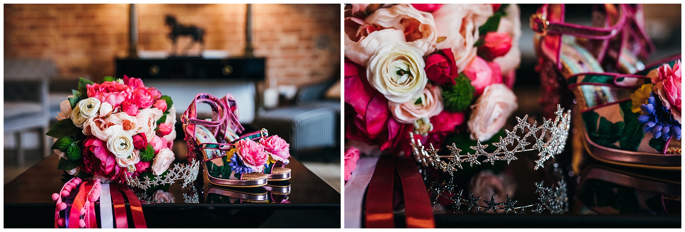 mix of pink and white flowers forming wedding bouquet with irregular choice pink wedding shoes