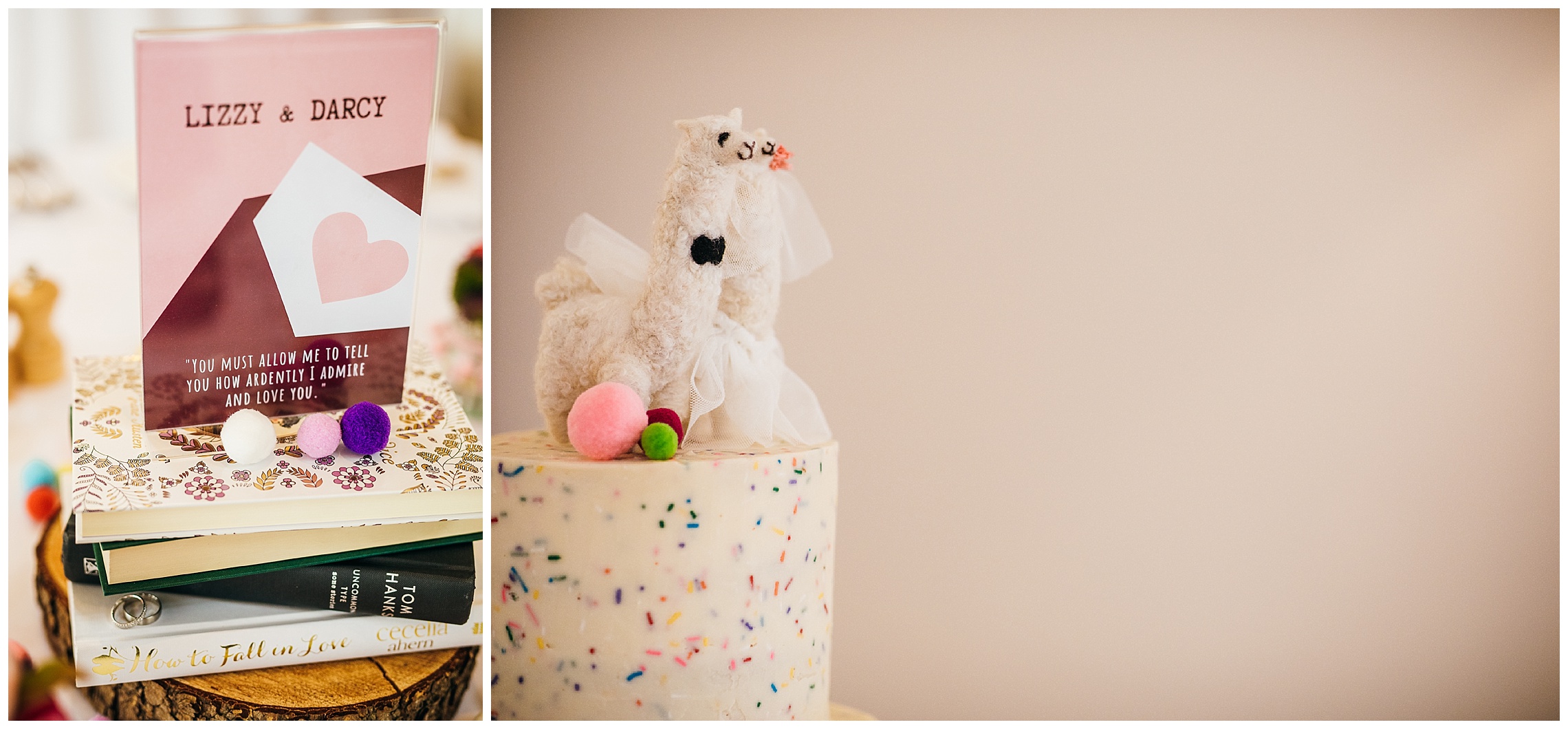 colourful wedding cake and film quote centrepieces