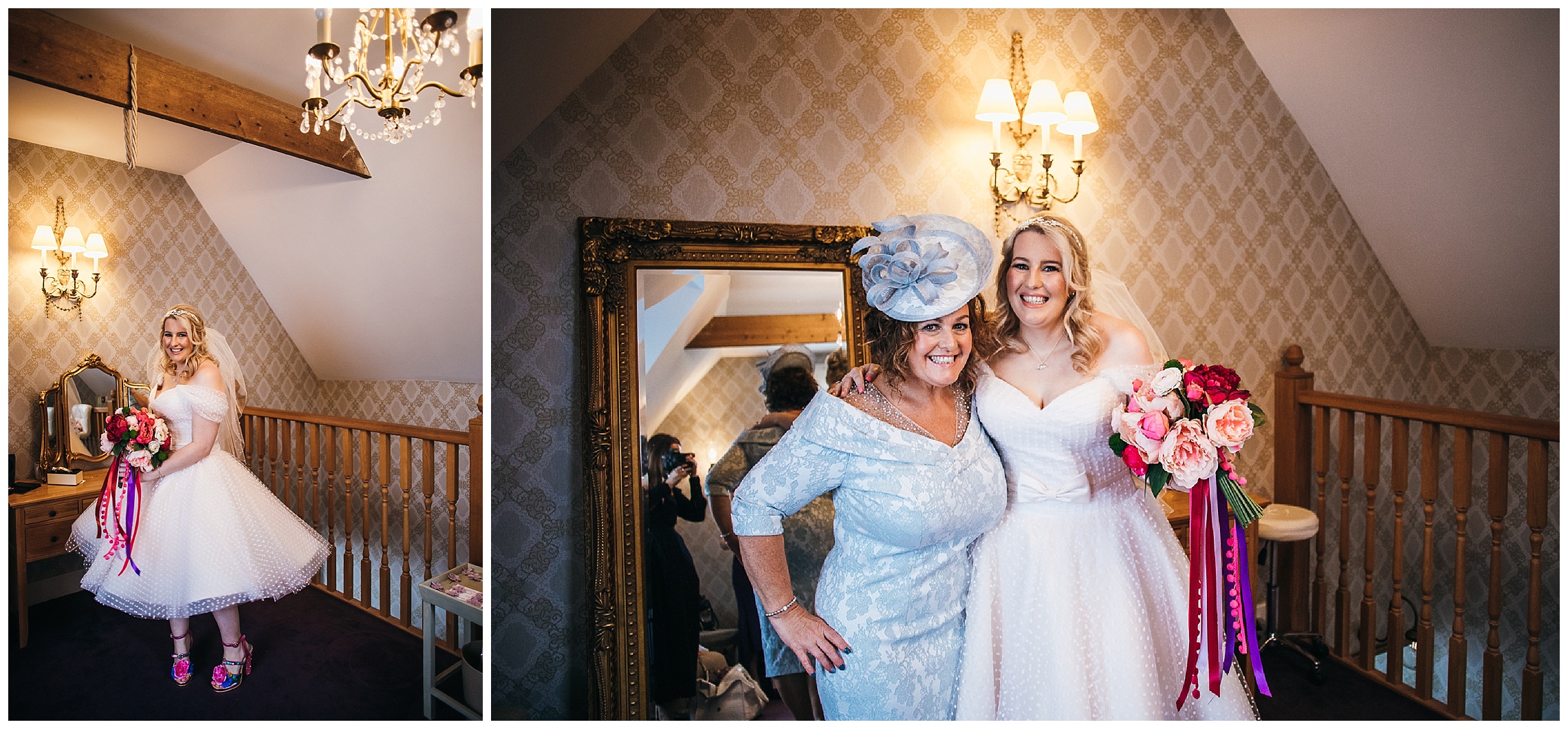 mother of the bride clings onto bride with 50's style short dress and pink bouquet