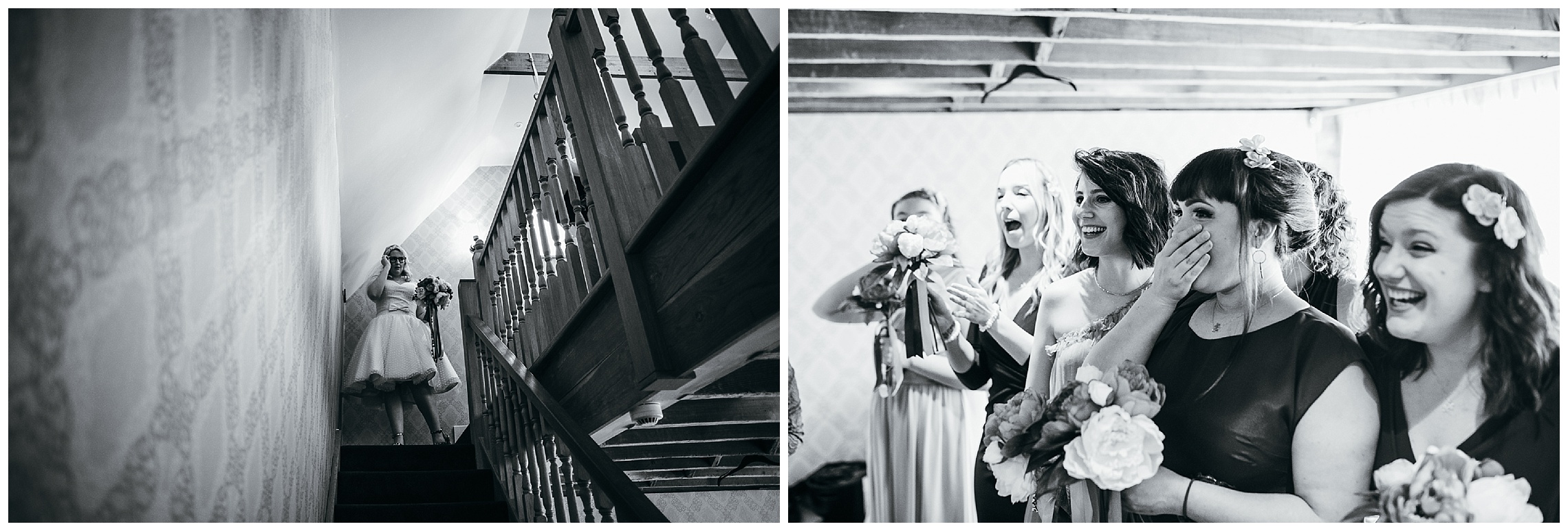 bridesmaids smile as they see bride descend stairs in wedding dress