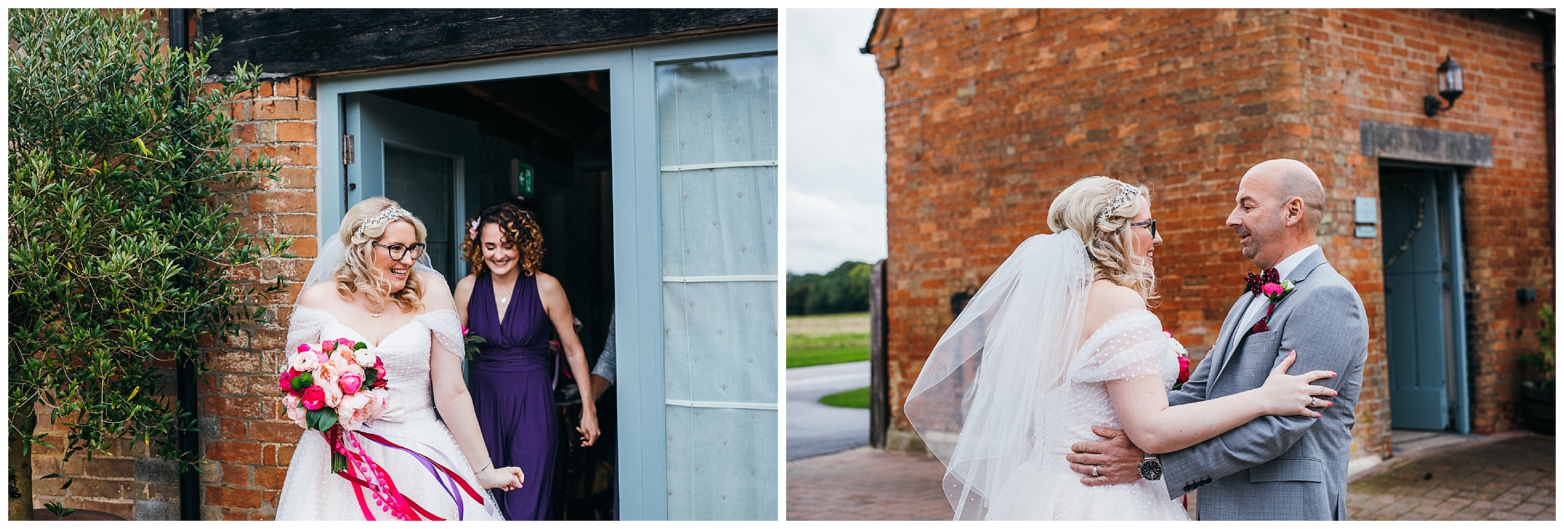 Bride and father of the bride meet outside and hug before wedding ceremony