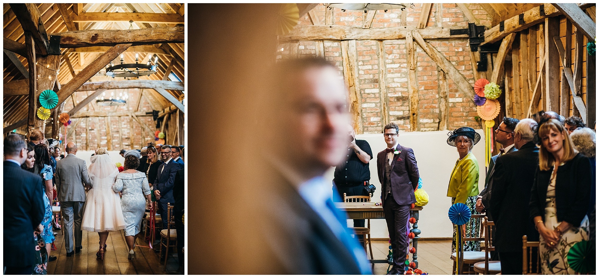 groom looks to back of ceremony room and breathes heavily with hands behind his back