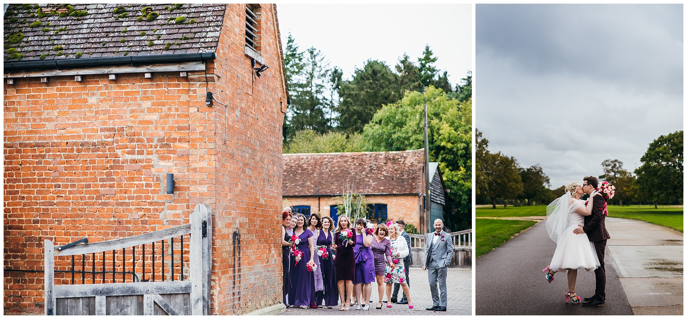 bridal party look on at bride and groom walking hand in hand down driveway of bassmead