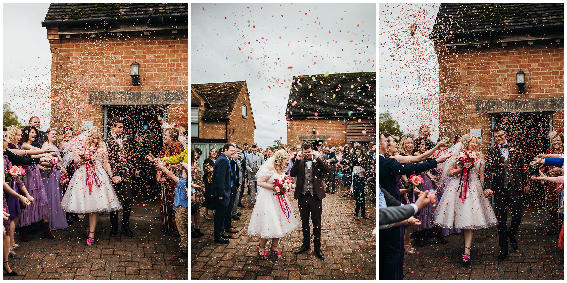 bride and groom walk hand in hand through a cloud of paper colourful confetti at bassmead