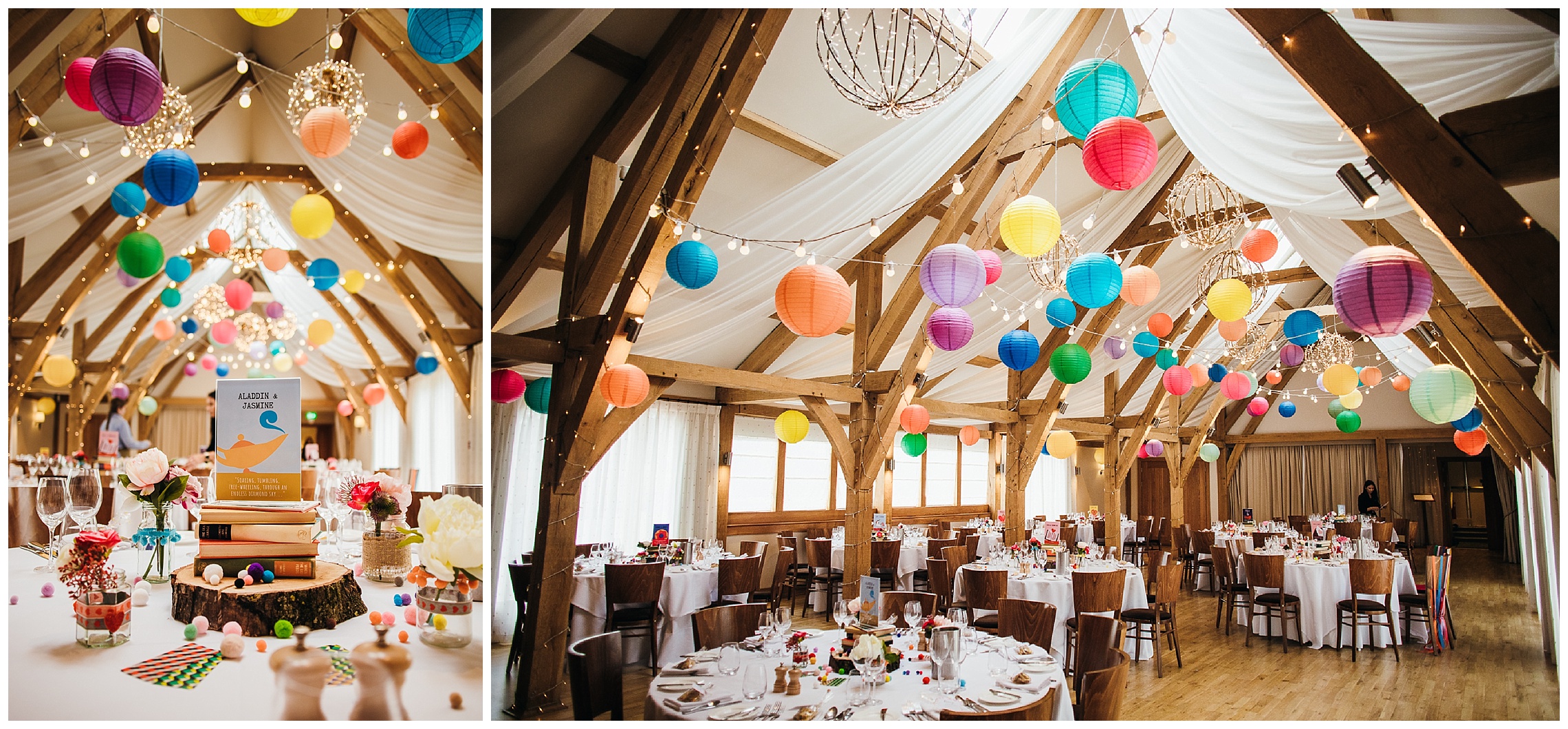 Colourful lanterns suspended from barn ceiling at bassmead manor barns
