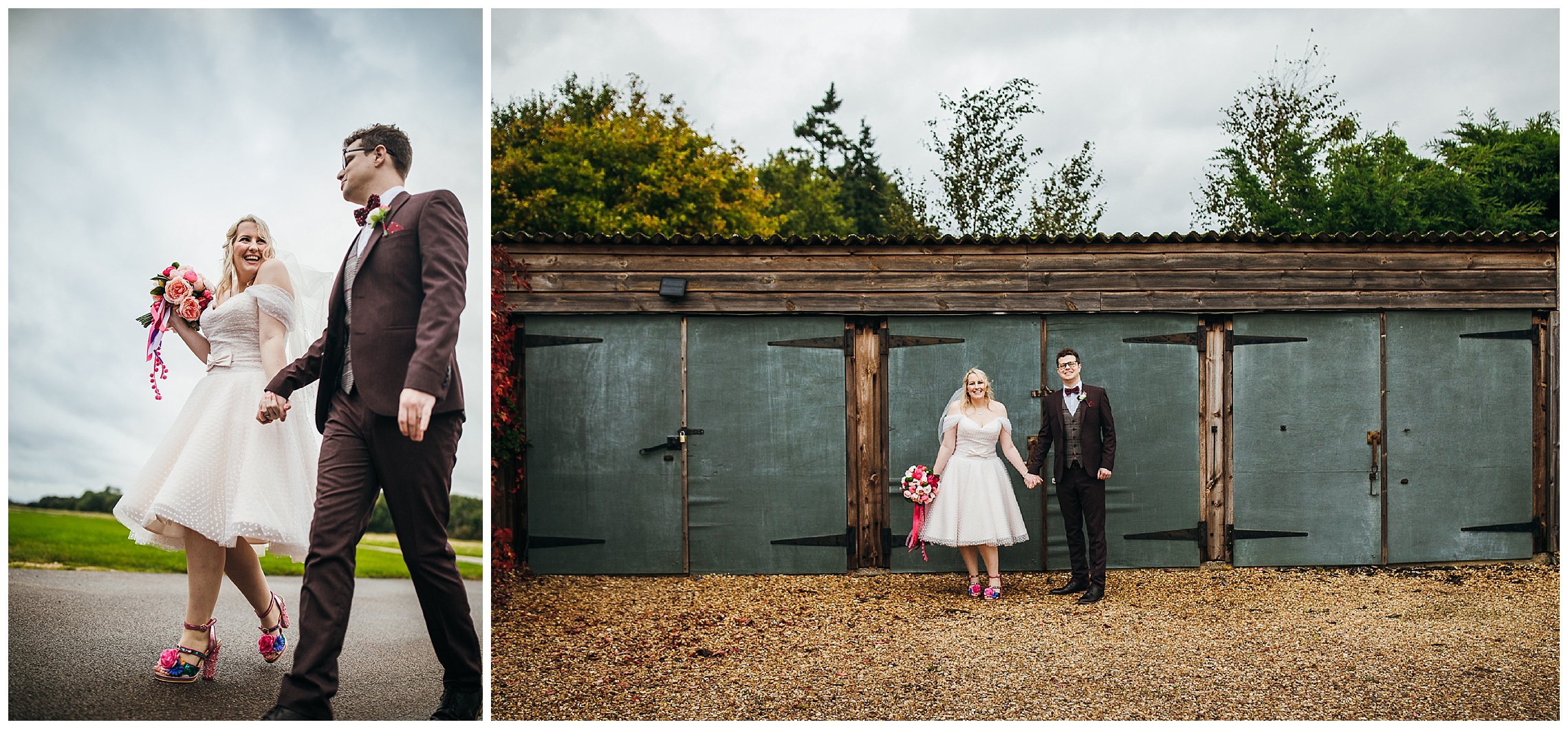 Bride and groom stand hand in hand facing forwards in front of industrial looking garage at bassmead