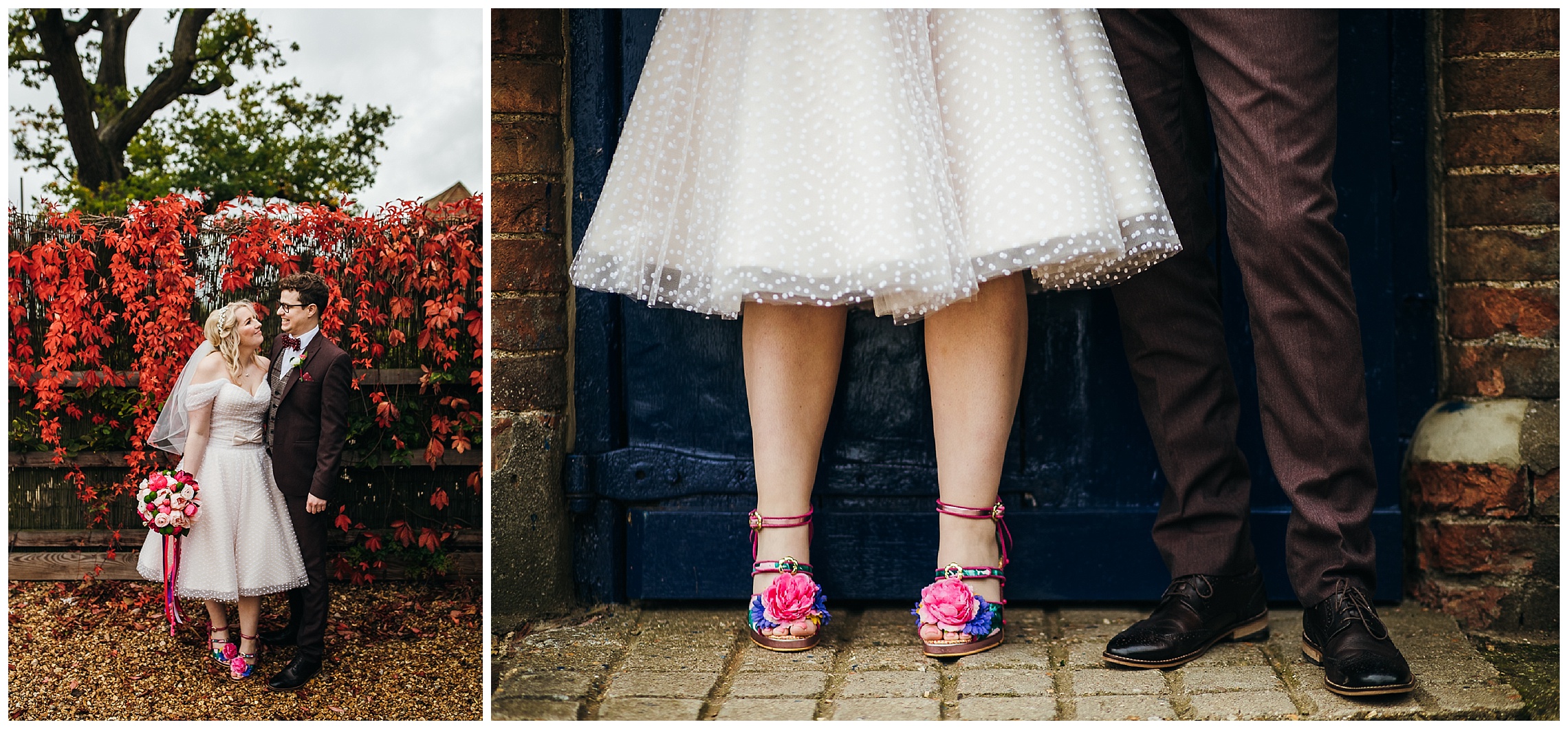 irregular choice pink and colourful bride shoes standing next to husband in burgundy suit