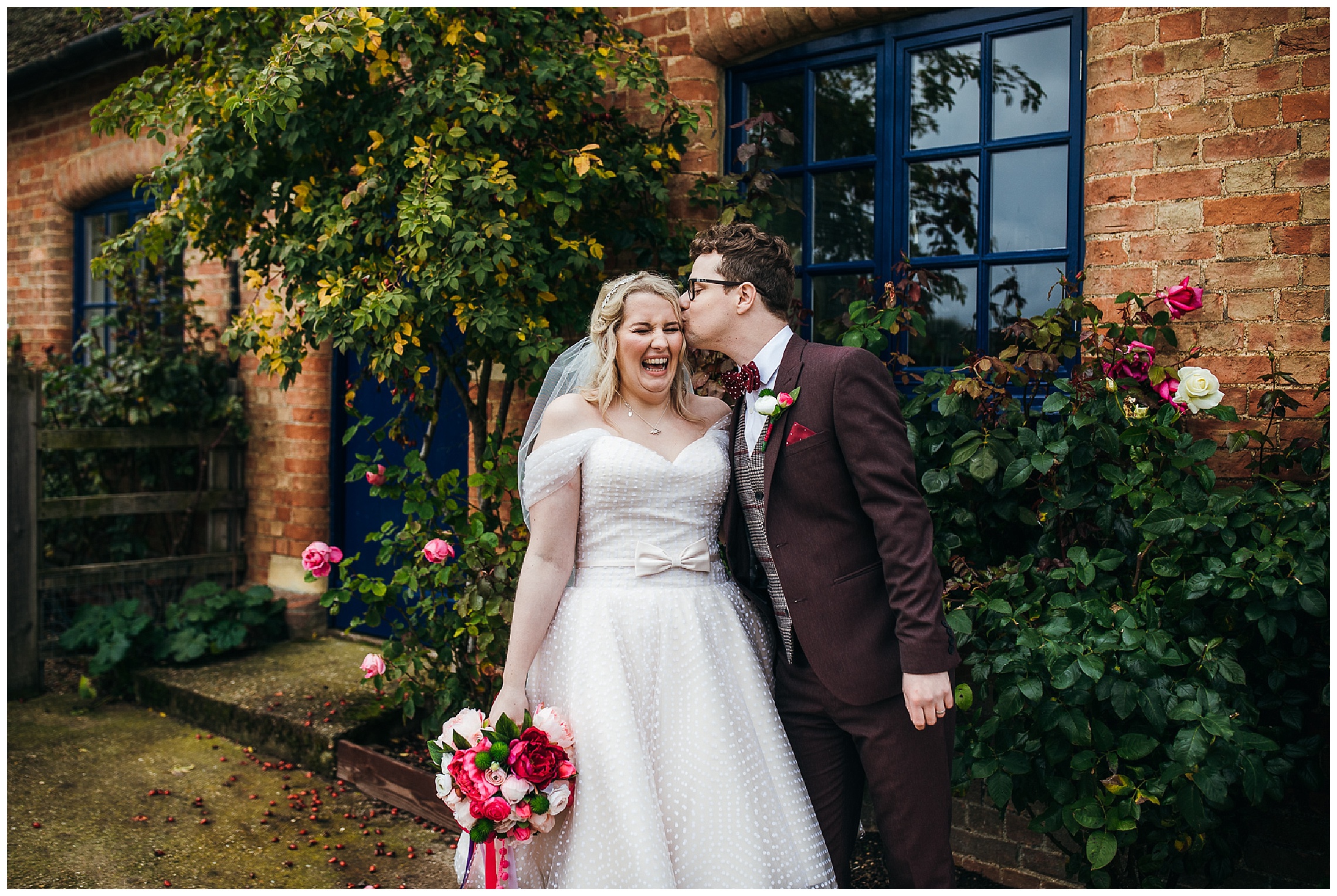 bride and groom laugh and eskimo kiss at bassmead