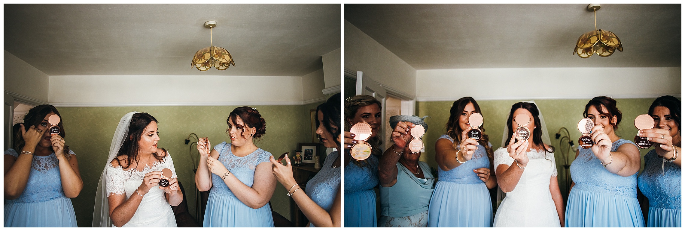 bridesmaids in blue dresses hold up personalised rose gold mirrors