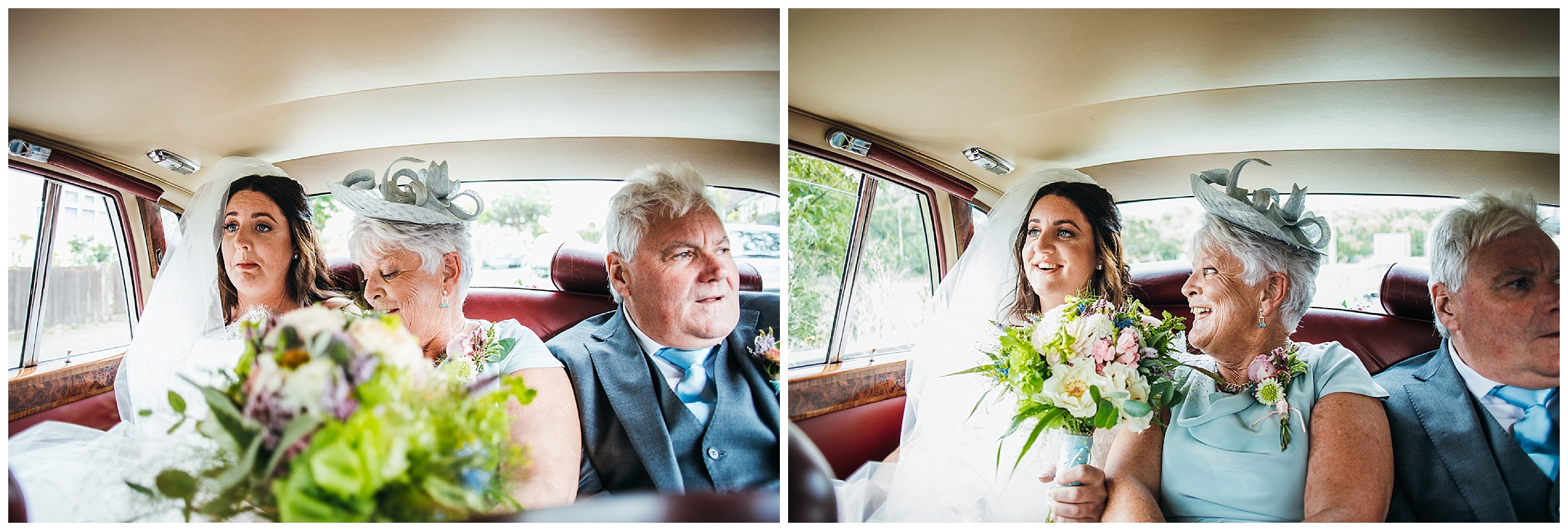 Nervous bride looks out of window as mum and dad smile
