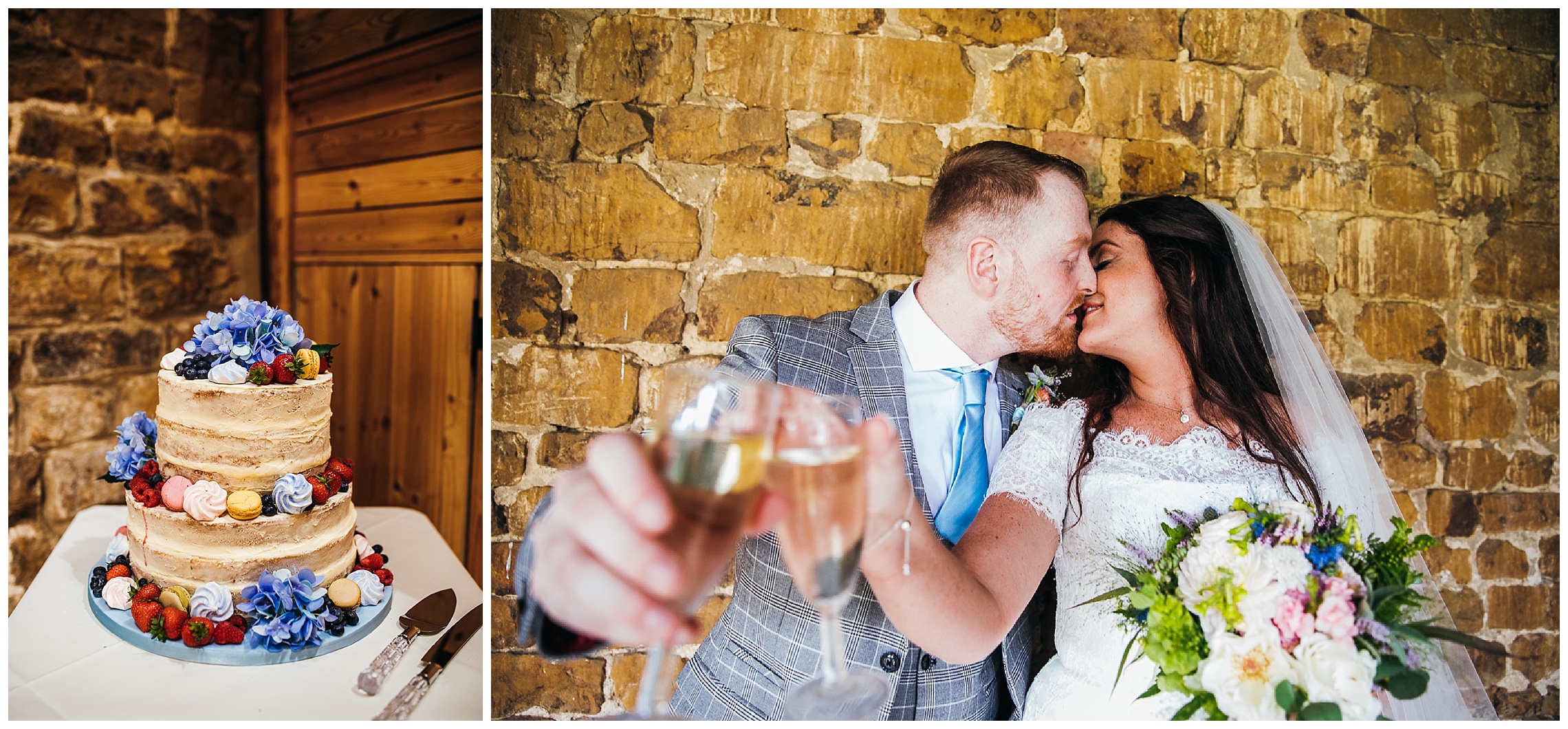 Bride and groom kiss and toast champagne after wedding ceremony