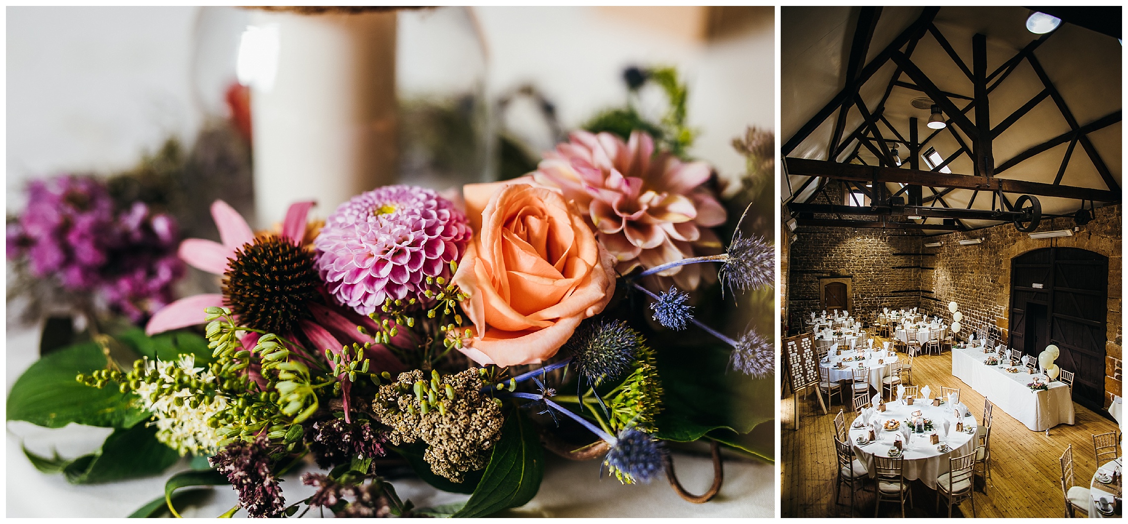 Wedding centrepieces made of colourful flowers and white candles at barn wedding venue