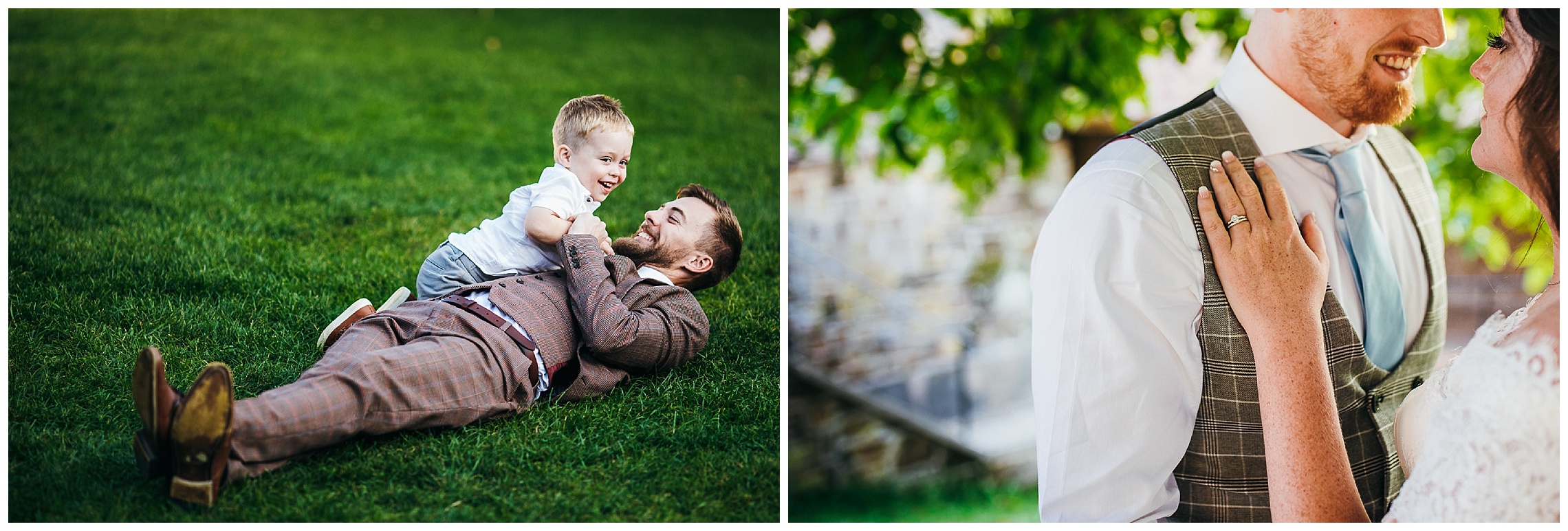 wedding guest and his son roll around in grass playing