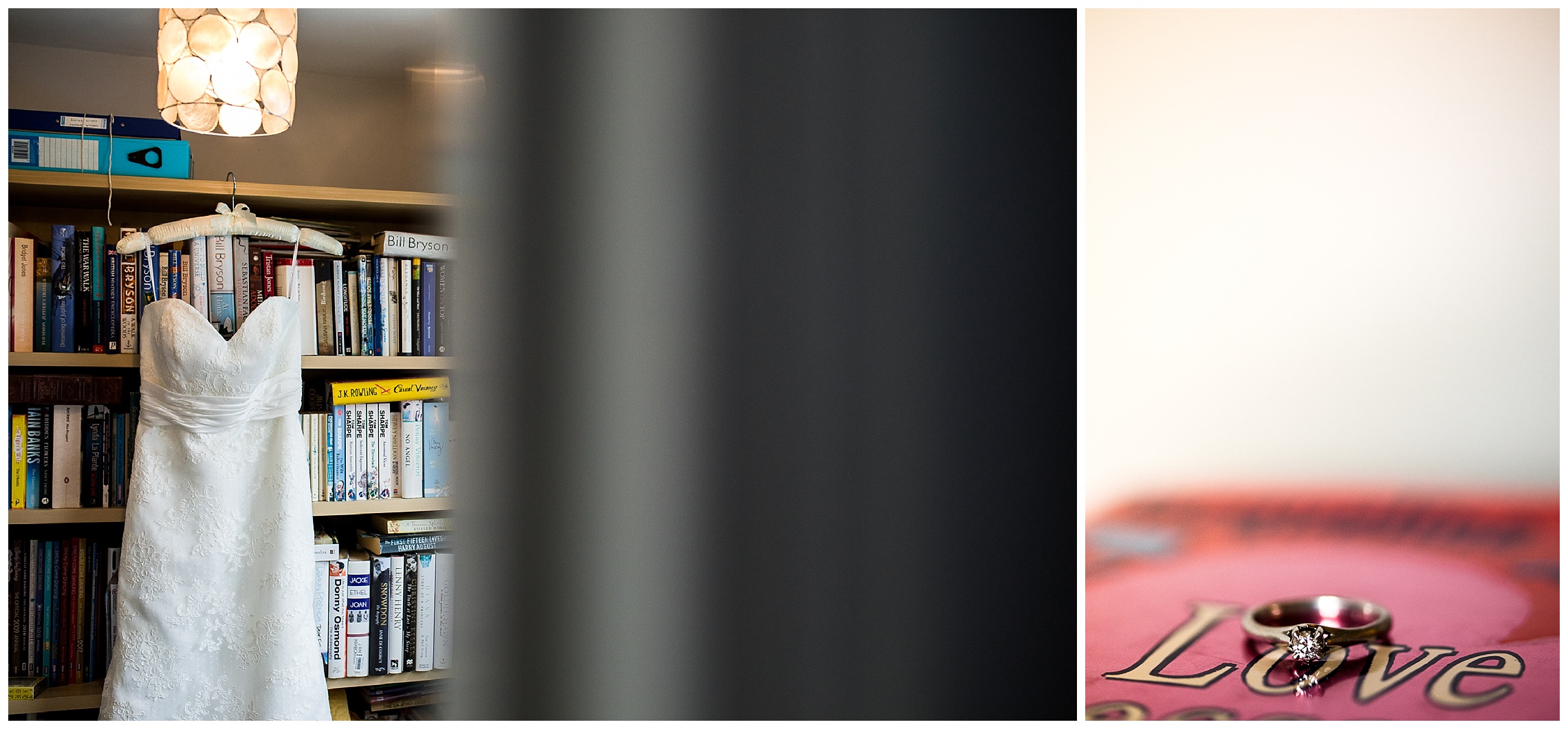 strapless wedding dress hanging among books and wedding ring on love book