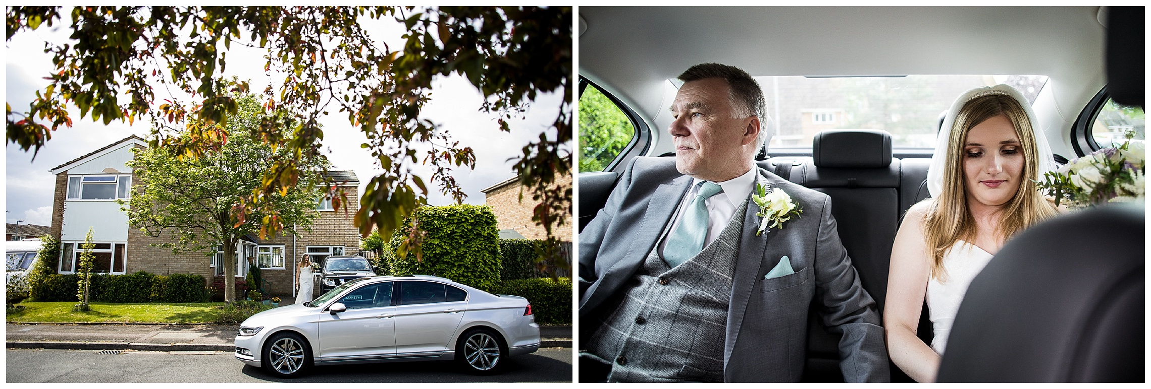 Bride walks towards silver wedding car in strapless dress with her dad